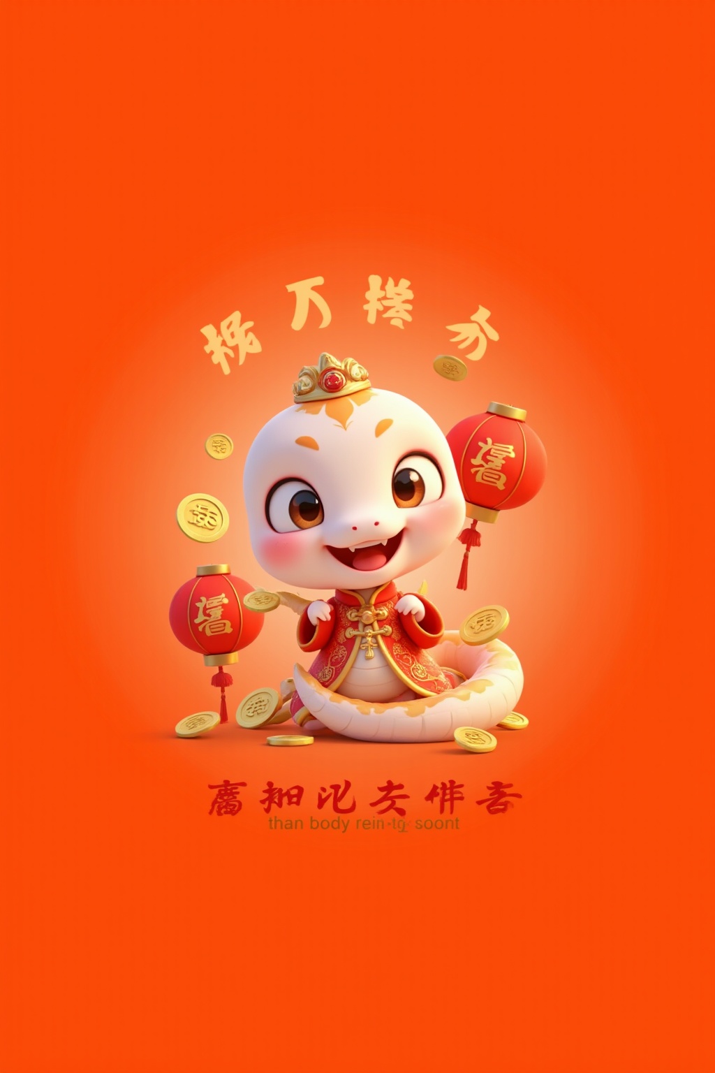 1snake,This is a digital CGI advertisement for the Chinese New Year, featuring a cute, white, cartoonish snake with large, expressive eyes and a playful expression. The snake wears traditional red Chinese attire with intricate patterns and a golden crown. Red paper lanterns and gold coins float around, enhancing the festive atmosphere. The background is a warm, gradient orange, and the text in the top half is in Chinese characters, with English text underneath. <lora:IP-蛇宝宝FLUX:0.8>