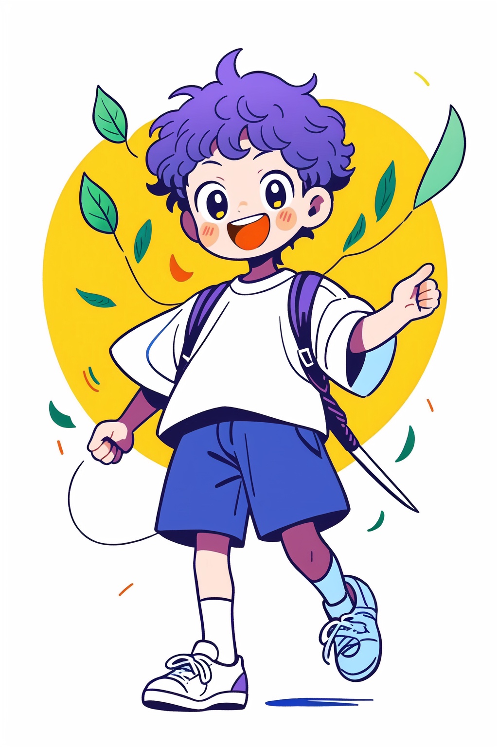 <lora:pencil style-7:0.8>,Guchen,pencil style,a boy,smiling,kite,open mouth,simple background,carrying a weapon,long sword,shoes,white background,socks,black eyes,full body,long sleeves,purple hair,trainers,white shoes and socks,white socks,short sleeves,yellow eyes,large leaves,white complexion,