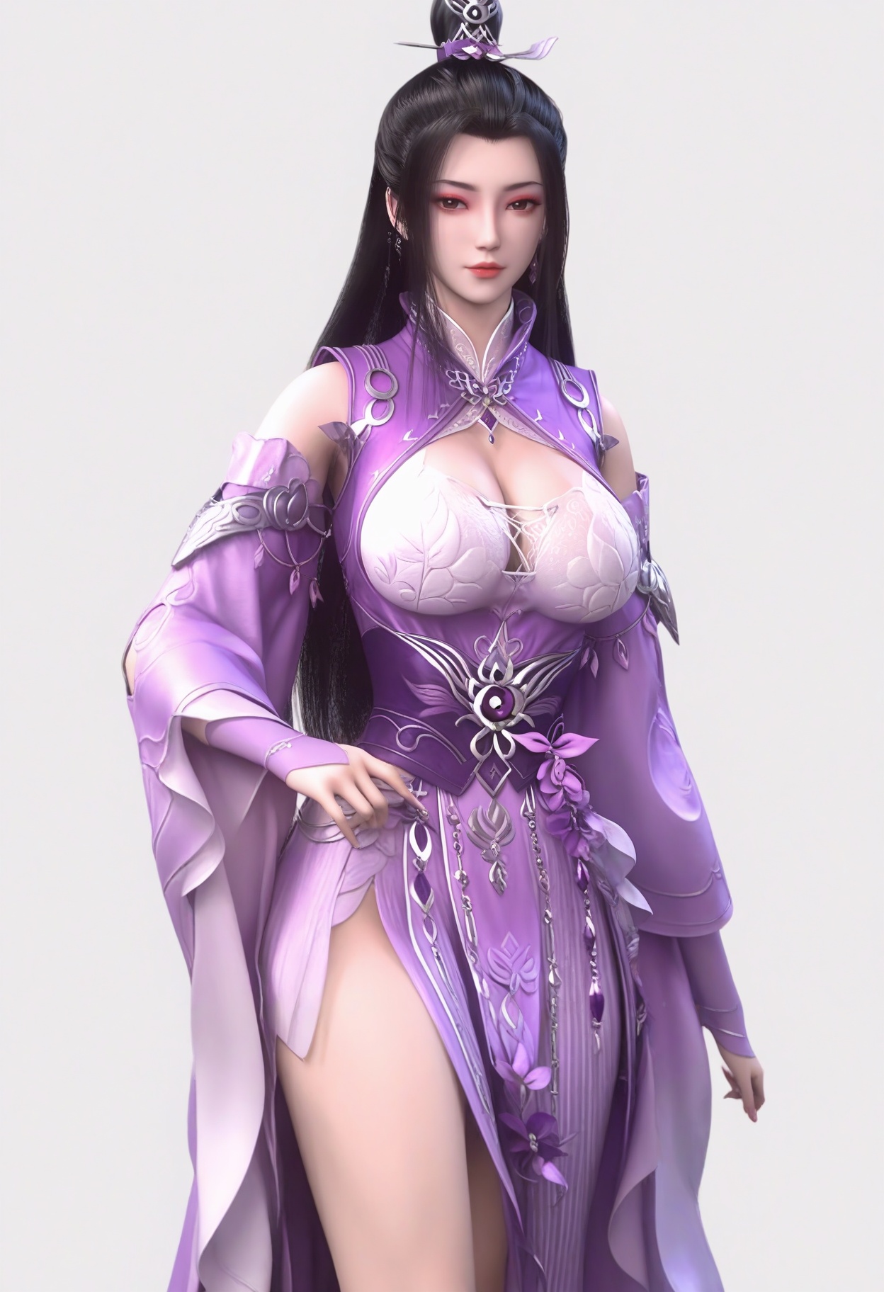 score_9,<lora:SF_LiuMei_Pony_Realism2.3-000003:0.7>,hair ornament,black hair,dress,long hair,eyeshadow,hair bun,1girl,breasts,large breasts,dress,detached sleeves,solo,looking at viewer,white background,simple background,