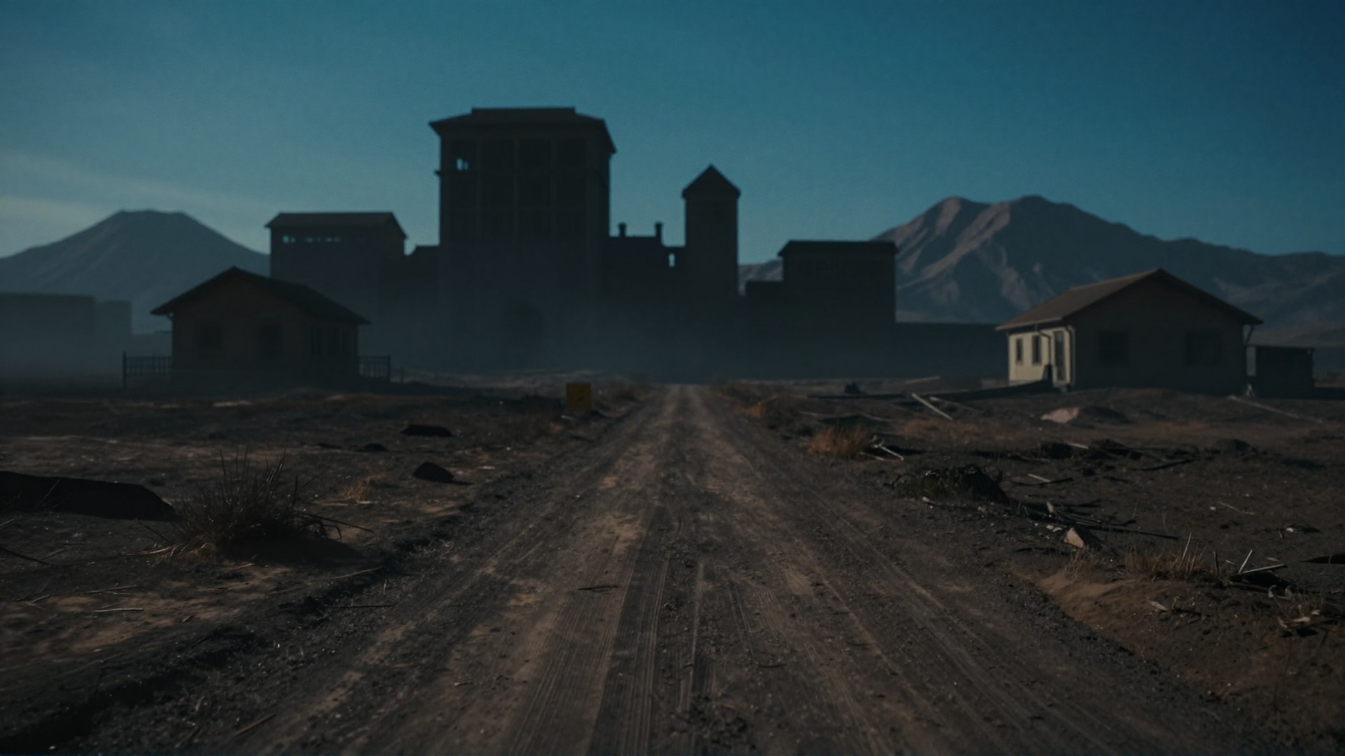 cinematic film still of cinematic style,  In 3D rendering style,  a dark themed image of a dirt road with a bunch of build...