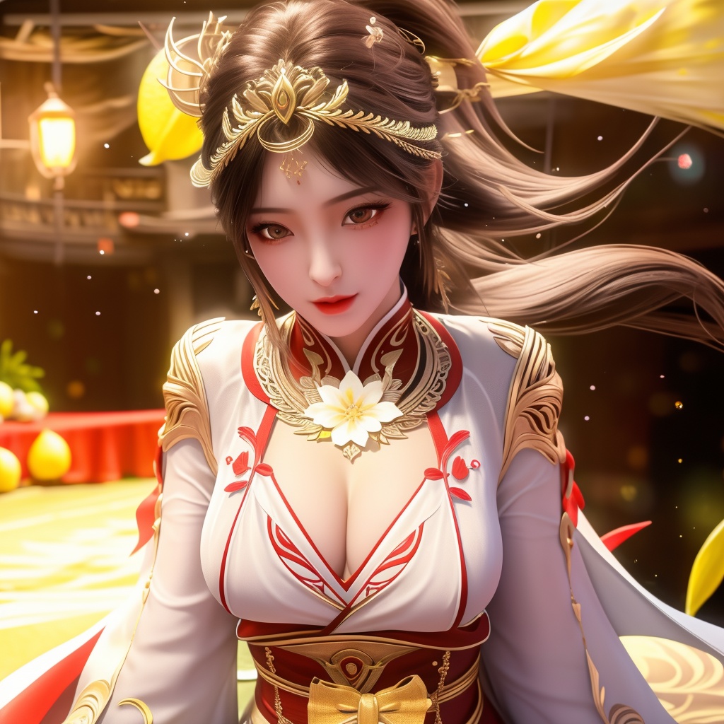 <lora:770-DA-完美世界-火灵儿-婚服:0.8>, (,1girl, ,best quality, ),looking at viewer,  ,ultra detailed background,ultra detailed background,ultra realistic 8k cg, ,masterpiece, (( , )),,  fiction,mole, ultra realistic 8k cg, ,      , lemon blossoms,  (cleavage),,  (), ,,,