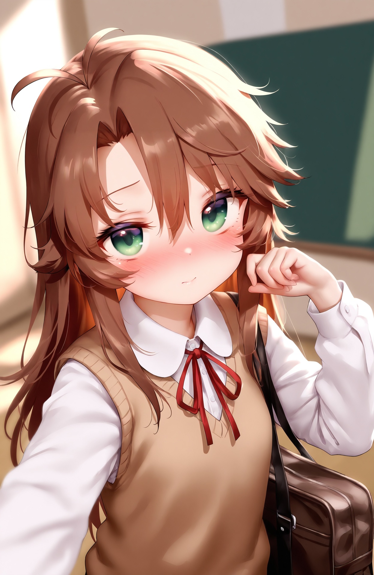 masterpiece,absurdres,best quality,petite,high quality,//,1girl,brown_hair,solo,green_eyes,blush,long_hair,blurry,neck_ribbon,ribbon,sweater_vest,looking_at_viewer,blurry_background,shirt,school_uniform,antenna_hair,white_shirt,hair_between_eyes,red_ribbon,closed_mouth,depth_of_field,brown_sweater_vest,collared_shirt,indoors,upper_body,long_sleeves,nose_blush,brown_vest,vest,bag,parted_bangs,//,<lora:nai4zhengliu——【CKXL】hans:0.8>,<lora:nyalia——【CKXL测试】hans:0.3>,