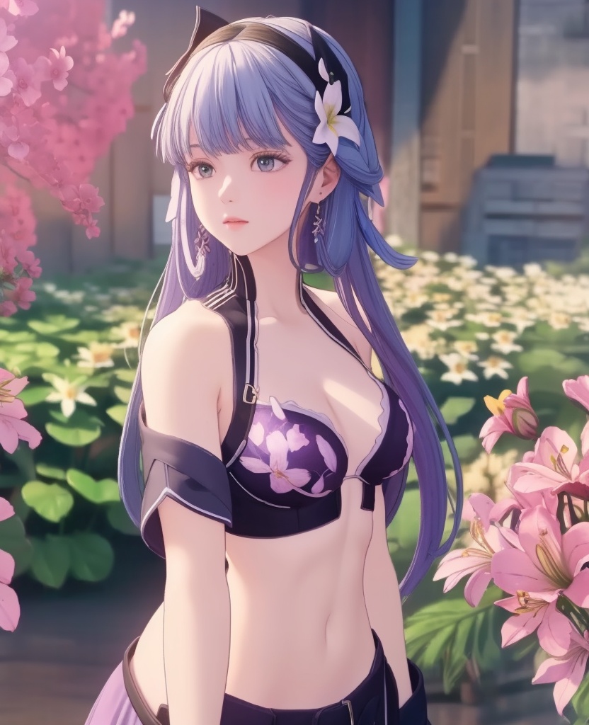 <lora:705-DA-鸣潮-今汐-赛博猫娘:0.8>(,1girl, ,best quality, ),looking at viewer,  ,ultra detailed 8k cg,ultra detailed background,ultra realistic 8k cg,1girl, solo,(bare shoulders:0.85),(masterpiece, best quality),((oil painting style)),sexy young lady,(beautiful face and eyes),(upper body:1.5),(whole body:1.05),(single person:1.2),surrounded by flowers, (lily), roses, floret, vegetation, white, purple, purplish pink,Impressionism,colorful,(Breast size:1.3),(cleavage),