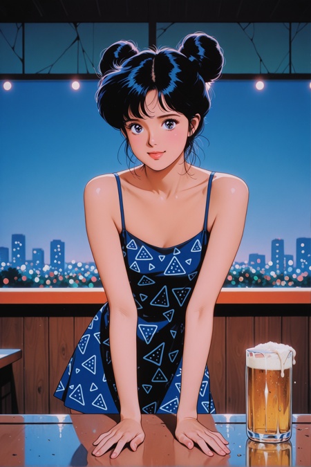 masterpiece, very awa, very aesthetic,(realistic), (photorealistic),nostalgic, 1980s, retro, pop art, retro futuristic,clear contrast, city pop, bokeh, crack of light,geometric stripe background, dynamic graphic background,dynamic angle, resort, outdoor bar, pov,natural scenery, counter,beer, geometric pattern summer minidress, gorgeous girl, sleek tied high bun hair, looking at viewer