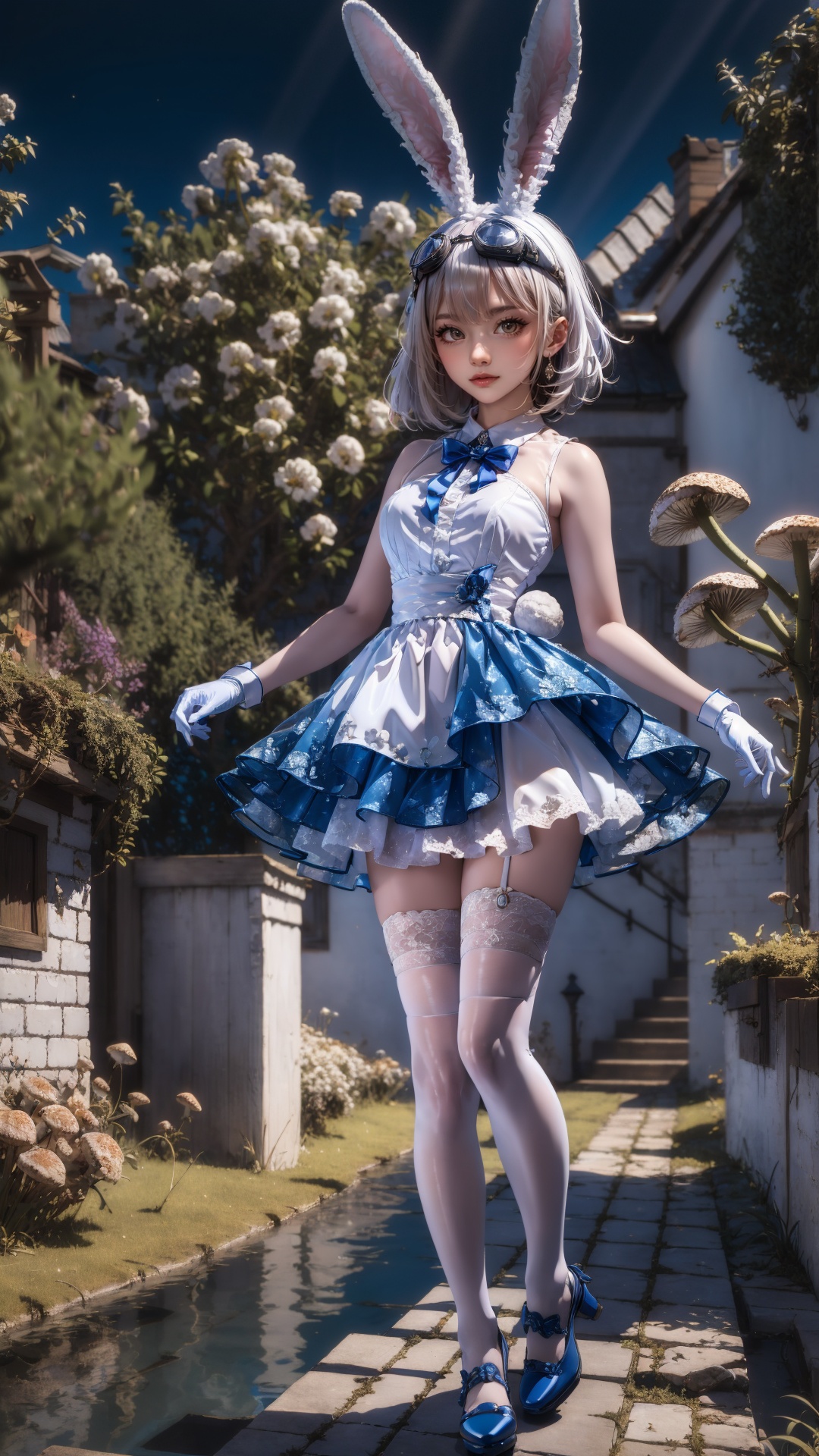 tutututu,1girl,solo,rabbit ears,white dress,white gloves,white thighhighs,blue footwear,goggles on head,sleeveless dress,bangs,blue bow,white hair,short hair,<lora:SY-000010:0.85>,***** Alice in wonderland standing in stream,large mushrooms in background,highly detailed,Beautiful lighting,photoreal,4k,depth of field,night scene,light from godrays shining on ground,