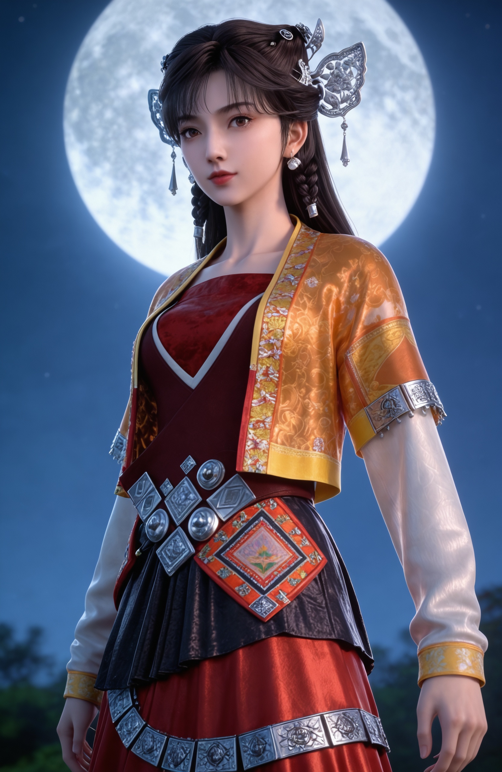 <lora:仙剑奇侠传3-唐雪见Pony:0.7> 1girl, long hair, earrings, black hair, brown eyes, braid, chinese clothes, jacket,red skirt, red dress, red boots,, realistic style photo,outstanding style,adding a touch of dimension to your images without compromising details,whirls of vapor,ethereal ambiance,delicate details,magical atmosphere,concept art,highly detailed,ultra-high resolution,32K UHD,sharp focus,best-quality,masterpiece,golden hour,unconventional supreme masterpiece,masterful details,temperate atmosphere,with a high-end texture,in the style of fashion photography,magazine style,Dynamic Angle,Dynamic posture,(cowboy_shot:1.2),depth of field,lens flare,extreme aesthetic,masterpiece,best quality,good quality,newest,year 2025,very aesthetic,absurdres,Visual impact,A shot with tension,ultra-high resolution,32K UHD,sharp focus,best-quality,masterpiece,Emotionalization,unconventional supreme masterpiece,masterful details,temperate atmosphere,with a high-end texture,in the style of fashion photography,(Visual impact:1.2),giving the poster a dynamic and visually striking appearance,, 1girl,solo,shiny,shiny_hair,upper_body,fair_skin,white_skin,shiny_skin,shiny,Ivory_skin,looking at viewer,cinematic lighting,volumetric lighting,solo focus,blurry background,depth of field,night,sky,night sky,full moon,moonlight,