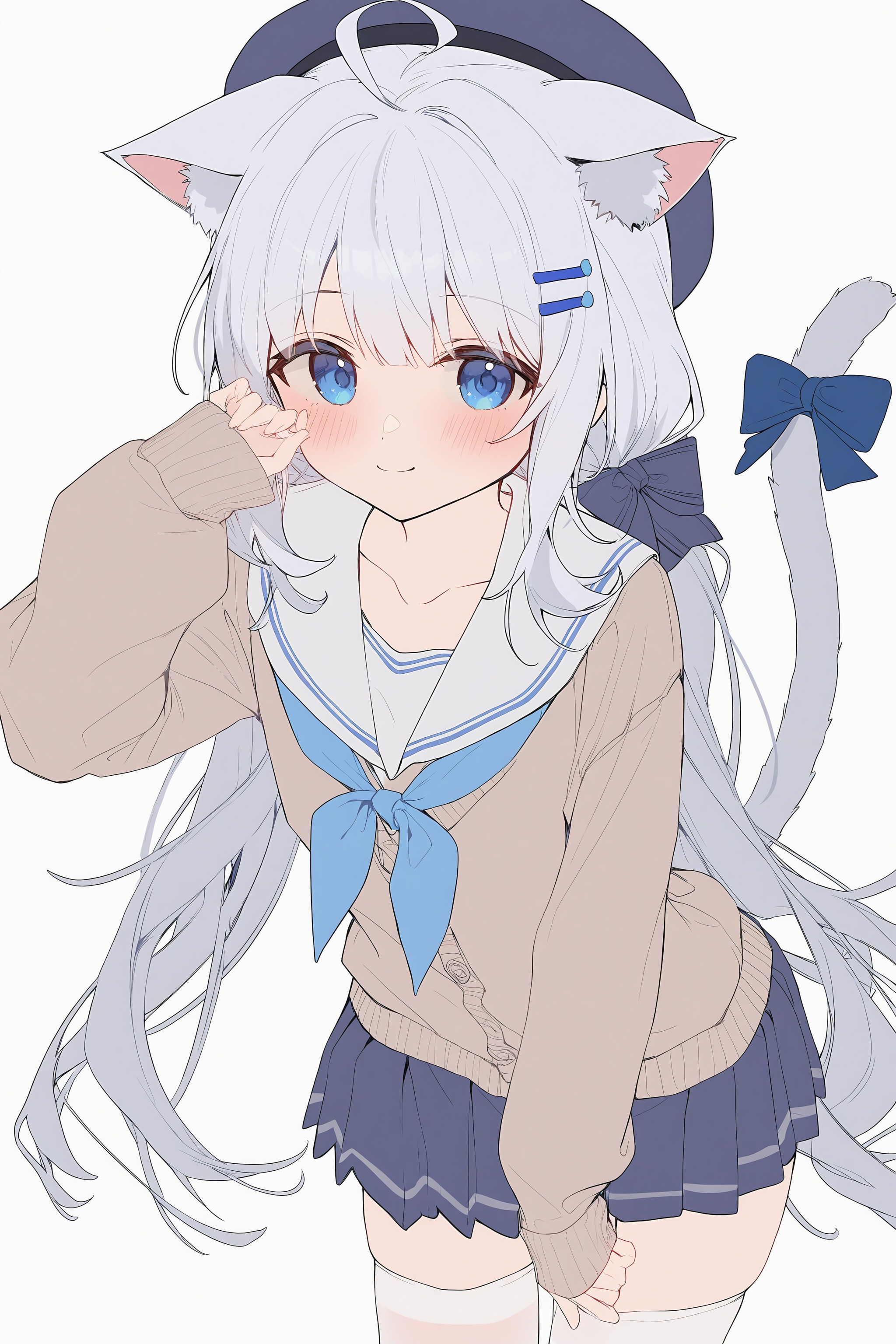 <lora:nai4zhengliu-ckxl0.2_v1-000071:0.9>,high resolution,aesthetic,excellent,medium resolution,newest,year 2025,1girl,tail,animal ears,cat tail,skirt,cat ears,solo,thighhighs,blue eyes,cat girl,smile,hat,white hair,long hair,twintails,white background,animal ear fluff,white thighhighs,bow,blue headwear,blue skirt,hair ornament,sailor collar,simple background,school uniform,pleated skirt,white sailor collar,looking at viewer,hairclip,neckerchief,blue bow,beret,serafuku,tail ornament,hair bow,long sleeves,blush,low twintails,leaning forward,brown sweater,closed mouth,sweater,shirt,zettai ryouiki,blue neckerchief,tail bow,ahoge,tail raised,miniskirt,sleeves past wrists,