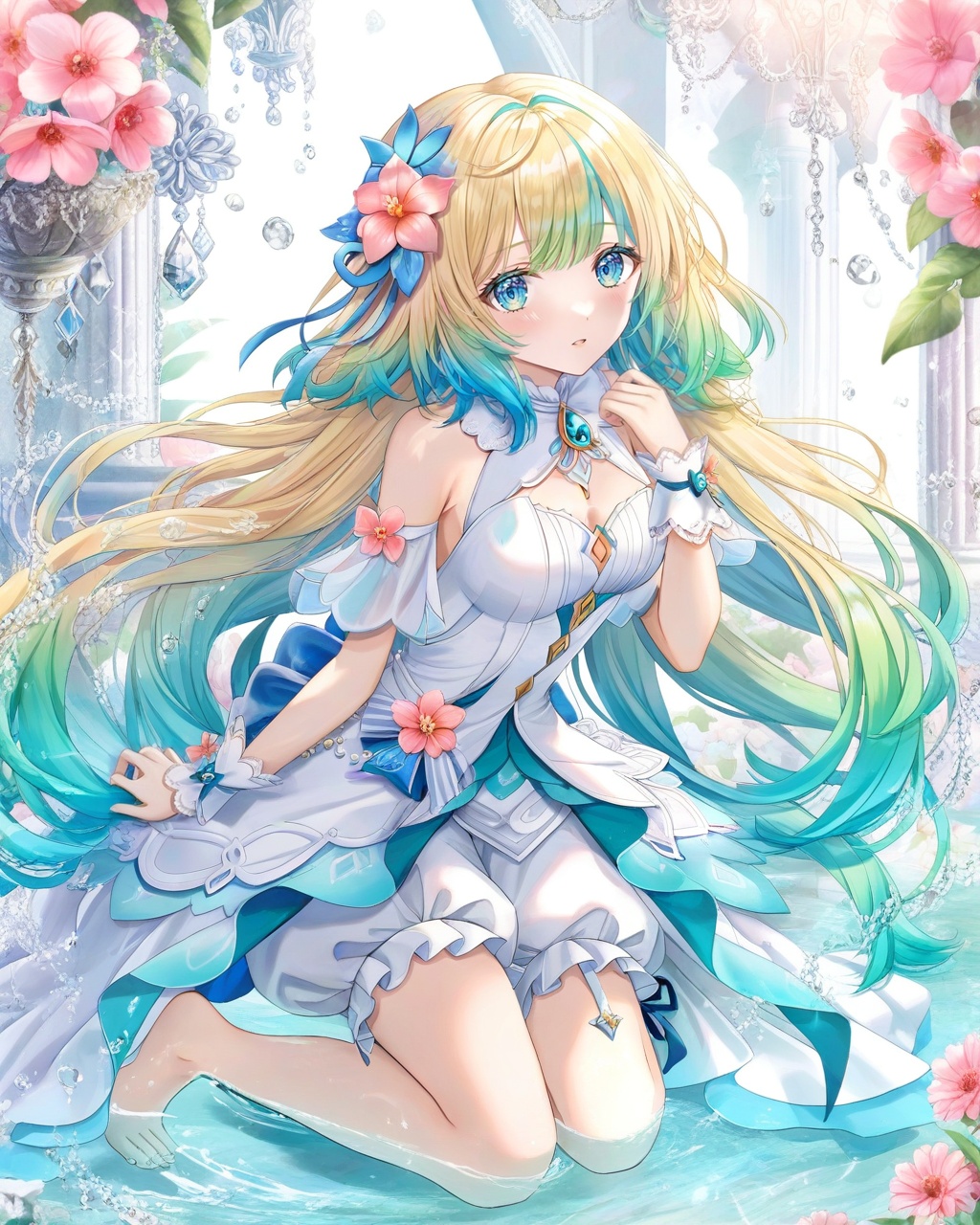 1girl, flower, dress, solo, long hair, barefoot, white dress, multicolored hair, hair ornament, looking at viewer, water, hair flower, wrist cuffs, bangs, blush, blue eyes, jewelry, blonde hair, bare shoulders, kneeling, green hair, gradient hair, detached sleeves, frills, sleeveless, parted lips, gem, crystal, pink flower, very long hair, bloomers, sleeveless dress, blue hair, hand up, frilled dress, ribbon, full body, sparkle, tentacles, bow, two-tone hair, underwear, pink hair