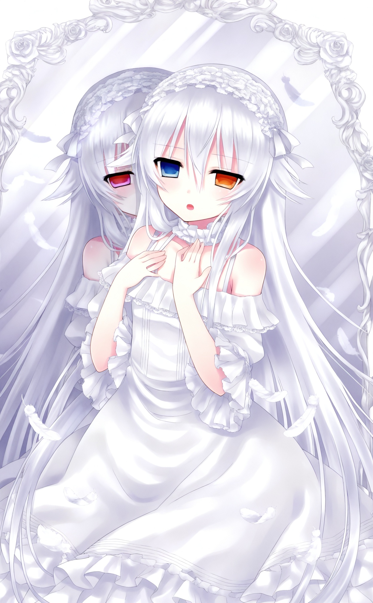 masterpiece,absurdres,best quality,((petite)),loli,high quality,white theme,//,heterochromia,mirror,long_hair,different_reflection,reflection,dress,feathers,white_hair,blue_eyes,hairband,purple_eyes,lolita_hairband,1girl,very_long_hair,bare_shoulders,white_dress,open_mouth,multiple_girls,2girls,dual_persona,frills,orange_eyes,flower,//,<lora:月影ネム——【CKXL】hans:1>,
