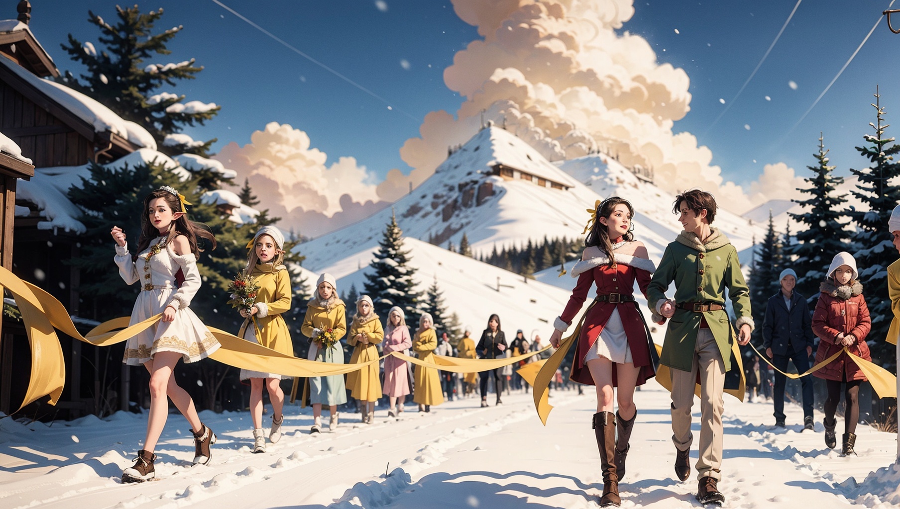 over 10 elves (all wearing yellow ribbons),  walking towards viewer,  mistletoe all over. Snowing on Tensor.Art