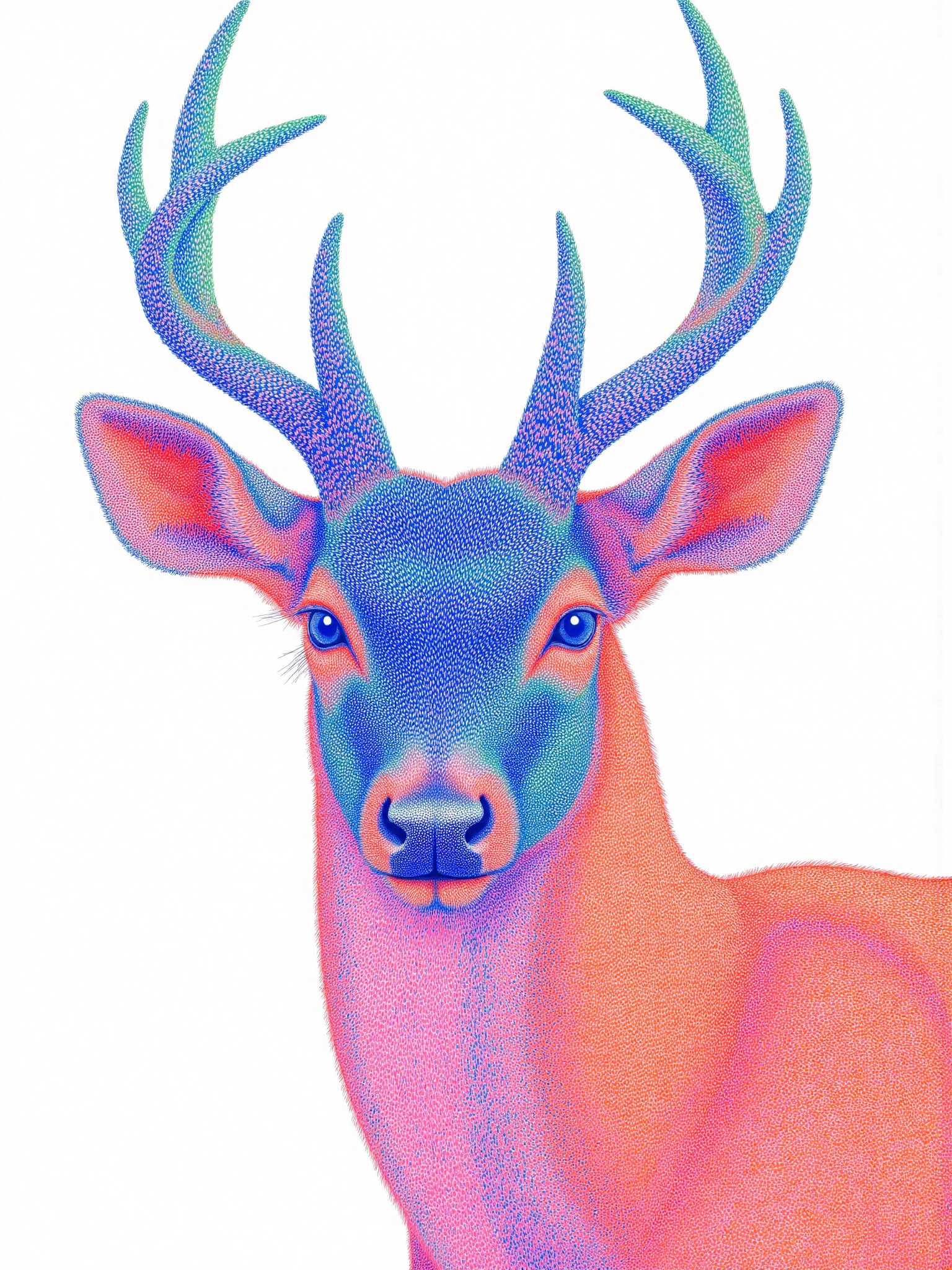 A pointillist drawing of the head and antlers of an elegant red deer,colored in hues of blue,pink,purple,orange,and green,on a white background,in the style of Yayoi Kusama,