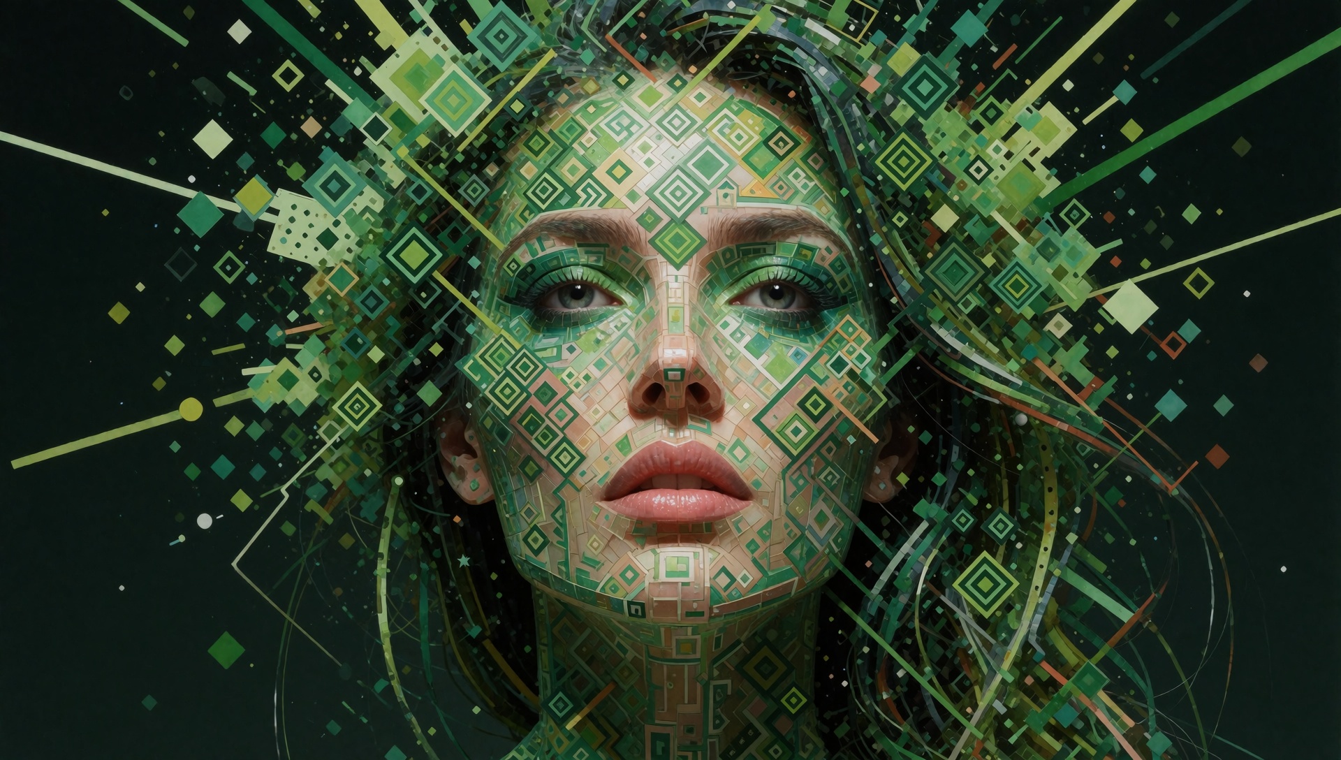 "A green explosion of squares,  geometric patterns and sharp lines that form the portrait of a woman,  visually striking a...
