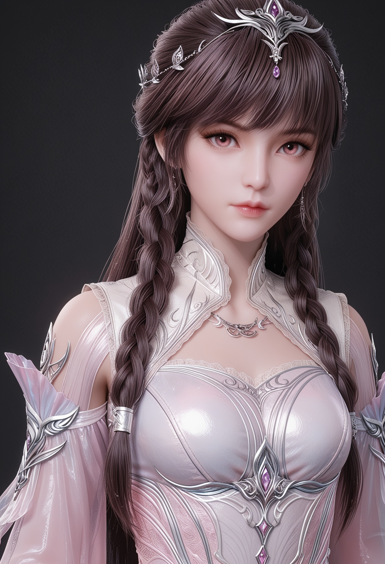 (upper_body:1.2),score_9,score_8_up,masterpiece,(best quality),intricate details,facing viewer,(looking at viewer:1.1),<lora:YQ_pony_xiaowu_shenzhuang1_V4:0.8>,q1528437228,1girl,solo,long hair,braid,dress,brown hair,hair ornament,white dress,jewelry,detached sleeves,pink dress,tiara,black hair,long sleeves,brown eyes,necklace,earrings,twin braids,pink eyes,collar,shoes,high heels,white footwear,BREAKscore_9,score_8_up,masterpiece,(best quality),perfect anatomy,(hourglass),perfect face,(simple background,pure black background,black background:1.1),fair_skin,shiny_skin,Ivory_skin,