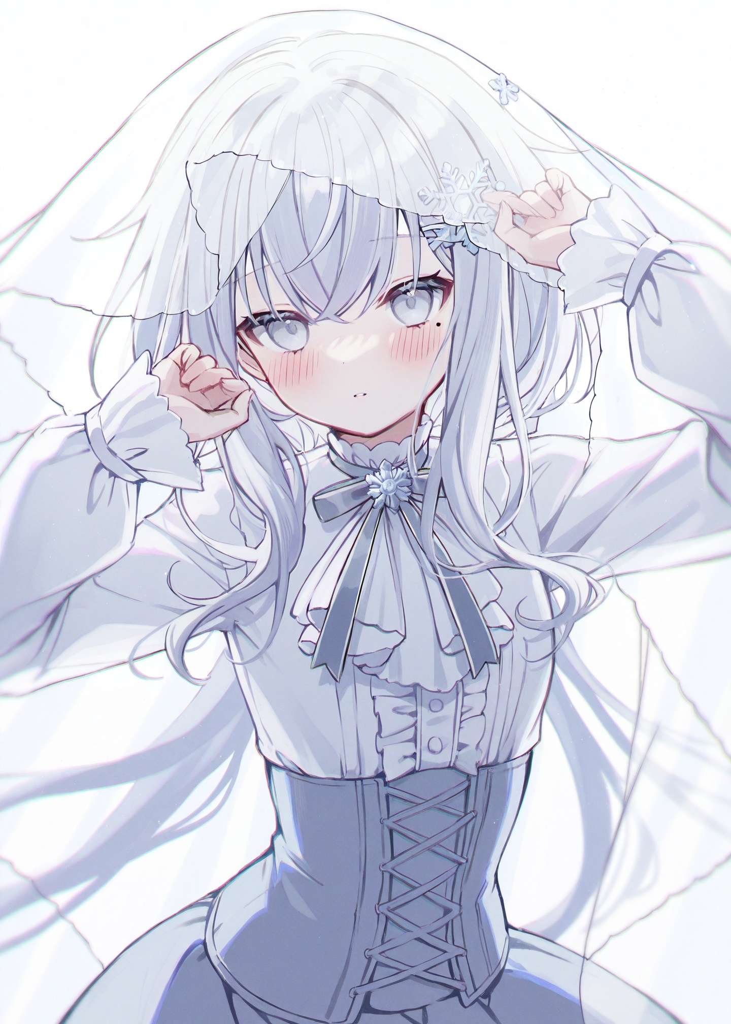 masterpiece,absurdres,best quality,petite,high quality,//,1girl, solo, long_hair, veil, looking_at_viewer, hair_ornament, blush, grey_eyes, long_sleeves, shirt, white_background, snowflake_hair_ornament, white_shirt, white_hair, corset, mole, skirt, mole_under_eye, grey_hair, frills, simple_background, chromatic_aberration, neck_ribbon//,<lora:梅原生umehara_sei ——【CKXL】hans:0.8>,