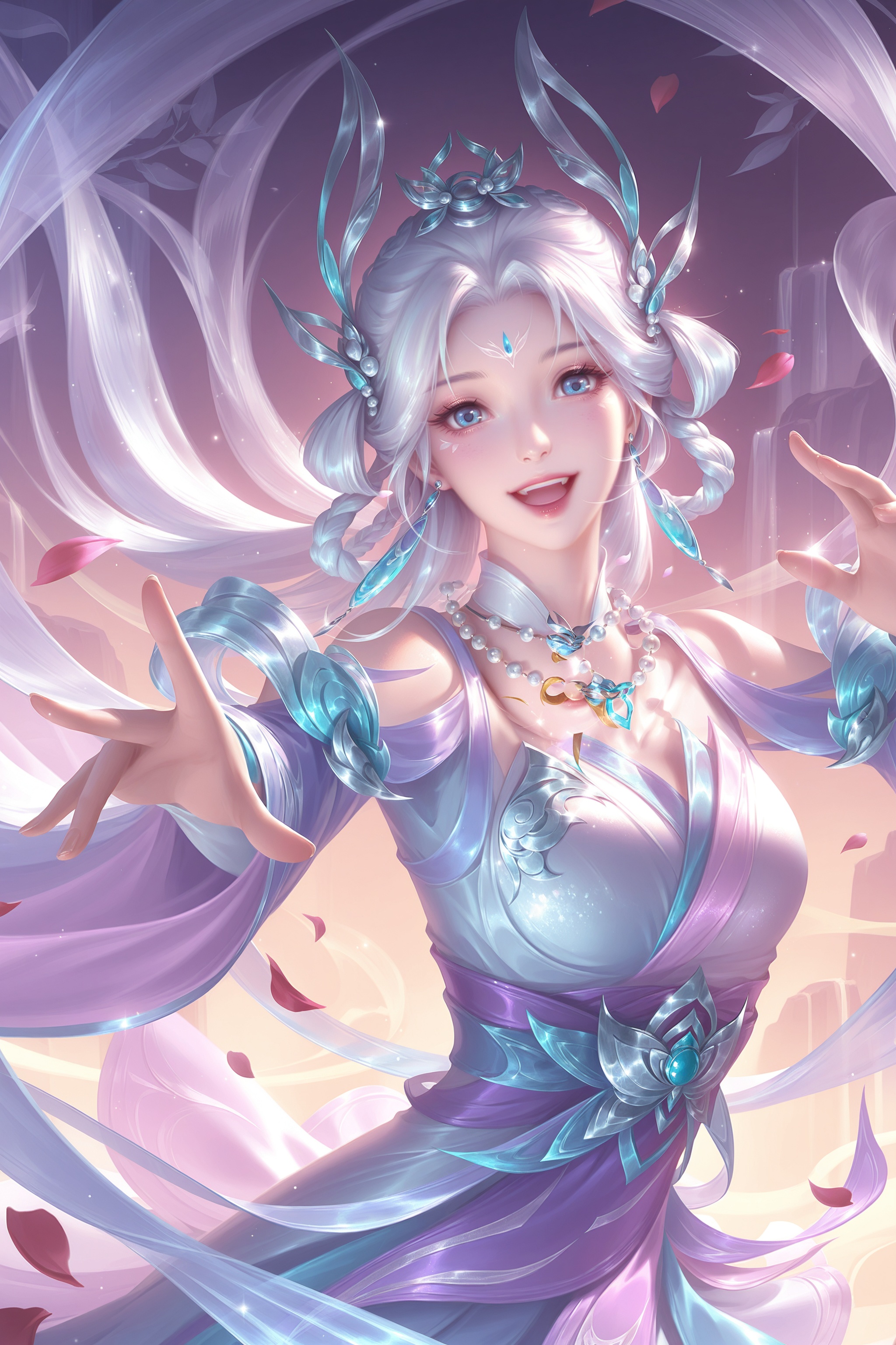 MLiang,best quality,BREAKMLiang,1girl,solo,long hair,looking at viewer,smile,open mouth,blue eyes,hair ornament,dress,jewelry,upper body,white hair,earrings,teeth,necklace,petals,upper teeth only,facial mark,hair rings,forehead mark,falling petals,BREAK<lora:lolart-ill11-v5.1:0.3>,<lora:zhongguoduliu-v3-illustrious:0.4>,<lora:MLiang_园子-000017:0.9>,<lora:illustrious_best_quality_v1:0.53>,<lora:DetailedEyes_V3:1>,