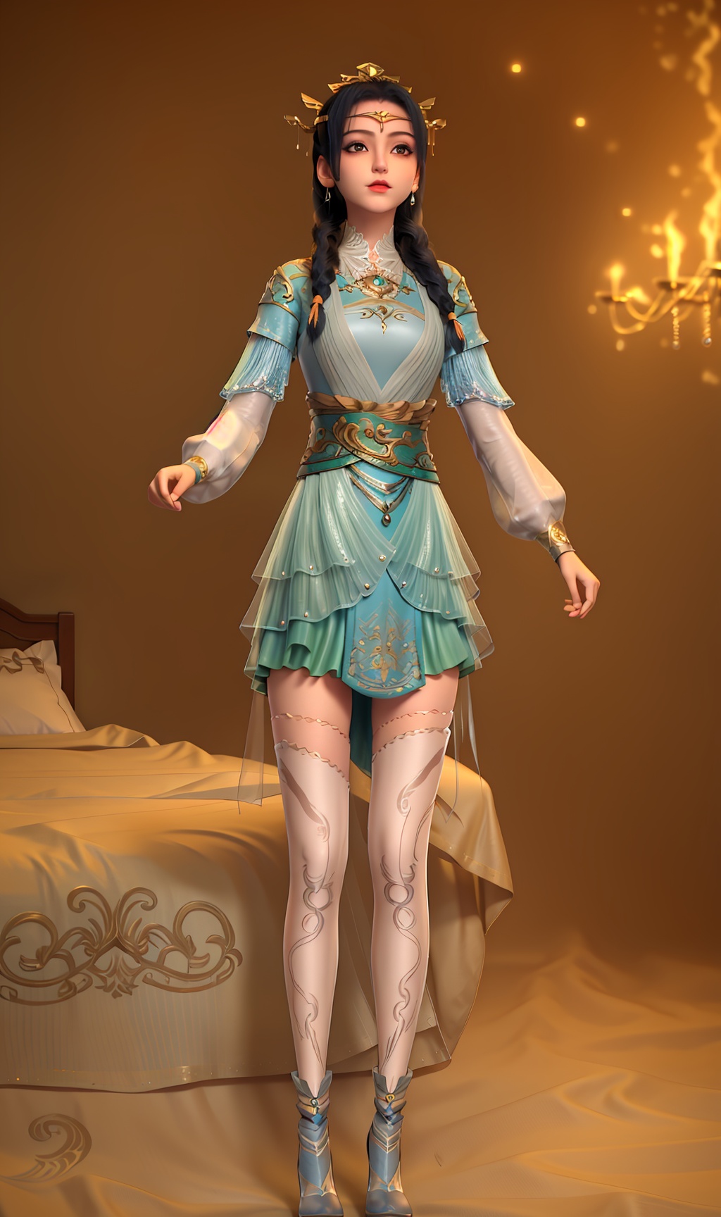 3D,masterpiece,(best quality),(makeup),official art, extremely detailed cg 8k wallpaper,(1girl),((crystalstexture skin)), (extremely delicate and beautiful),(highly detailed),(face),(collar),(twin_braids),(gold_trim),(twintails),(headdress),(forehead_mark),(female_child),, (solo), (jewelry), (earrings),(blue_hair),(long_hair),(hair_ornament),(handwear),,(small_breast),(standing),((full_body,whole_body)),(long_legs),(closed_mouth),(skirt),(chinese_clothes),(dress),,(multicolored_clothes),(multicolored_dress),(shiny_clothes),(city,indoor,bed),(sash),(armor),(wristband),(thighhighs),,((looking_at_viewer)),((Facing the camera)),(shoes),(blue_footwear),, <lora:hipoly3DModelLora_v10:0.3>