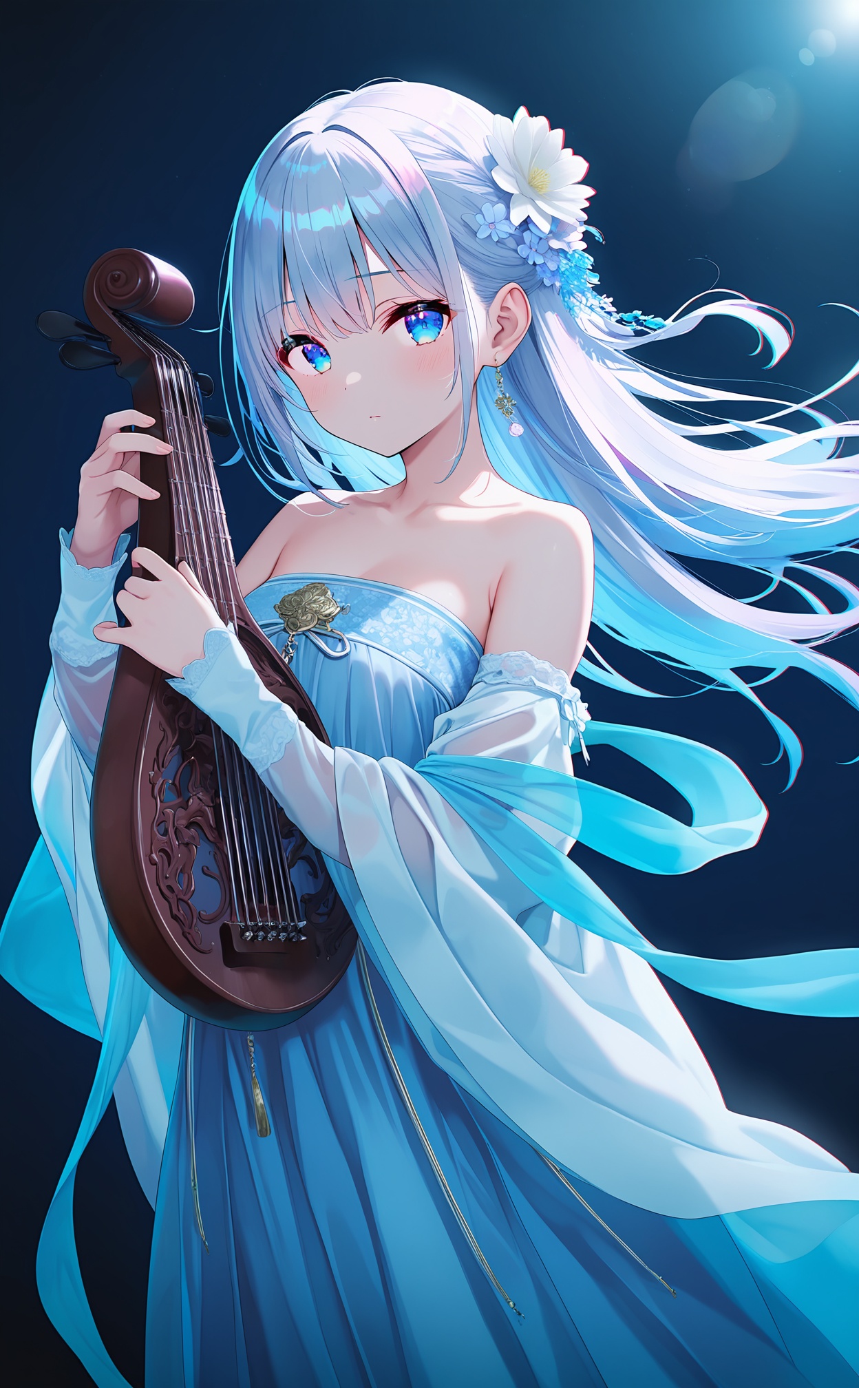 masterpiece,absurdres,best quality,high quality,chromatic_aberration,Night,darkness,black theme,shy,embarrass,endured_face,nsfw,//,hanfu,1girl,instrument,solo,blue eyes,holding instrument,holding,long hair,hair ornament,looking at viewer,blue theme,dress,blue dress,long sleeves,closed mouth,white hair,playing instrument,music,expressionless,blue hair,bare shoulders,hanfu,wide sleeves,chinese clothes,hair flower,flower,floating hair,dark background,upper body,off shoulder,glowing,cowboy shot,detached sleeves,white dress,blue background,shawl,jewelry,//,potorealistic,((Artist:na-ga)),artist:luvluvvox,artist:fukai ryosuke,[artist:Torino aqua],artist:minato hitori,hiten_(hitenkei),artist:rurudo,artist:lazuri7,artist:yunikon,artist:ramchi,(courreges_ace),//,highres,HDR,8K,high contrast,illustration,depth of field,(colorful),Tyndall effect,contrast,lens flare,