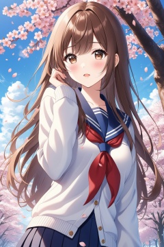 1girl, solo, long hair, looking at viewer, blush, open mouth, bangs, skirt, brown hair, shirt, long sleeves, brown eyes, school uniform, standing, upper body, flower, outdoors, parted lips, sky, serafuku, day, hand up, sailor collar, tree, blue sky, neckerchief, sleeves past wrists, petals, cardigan, blue sailor collar, cherry blossoms, red neckerchief, white cardigan