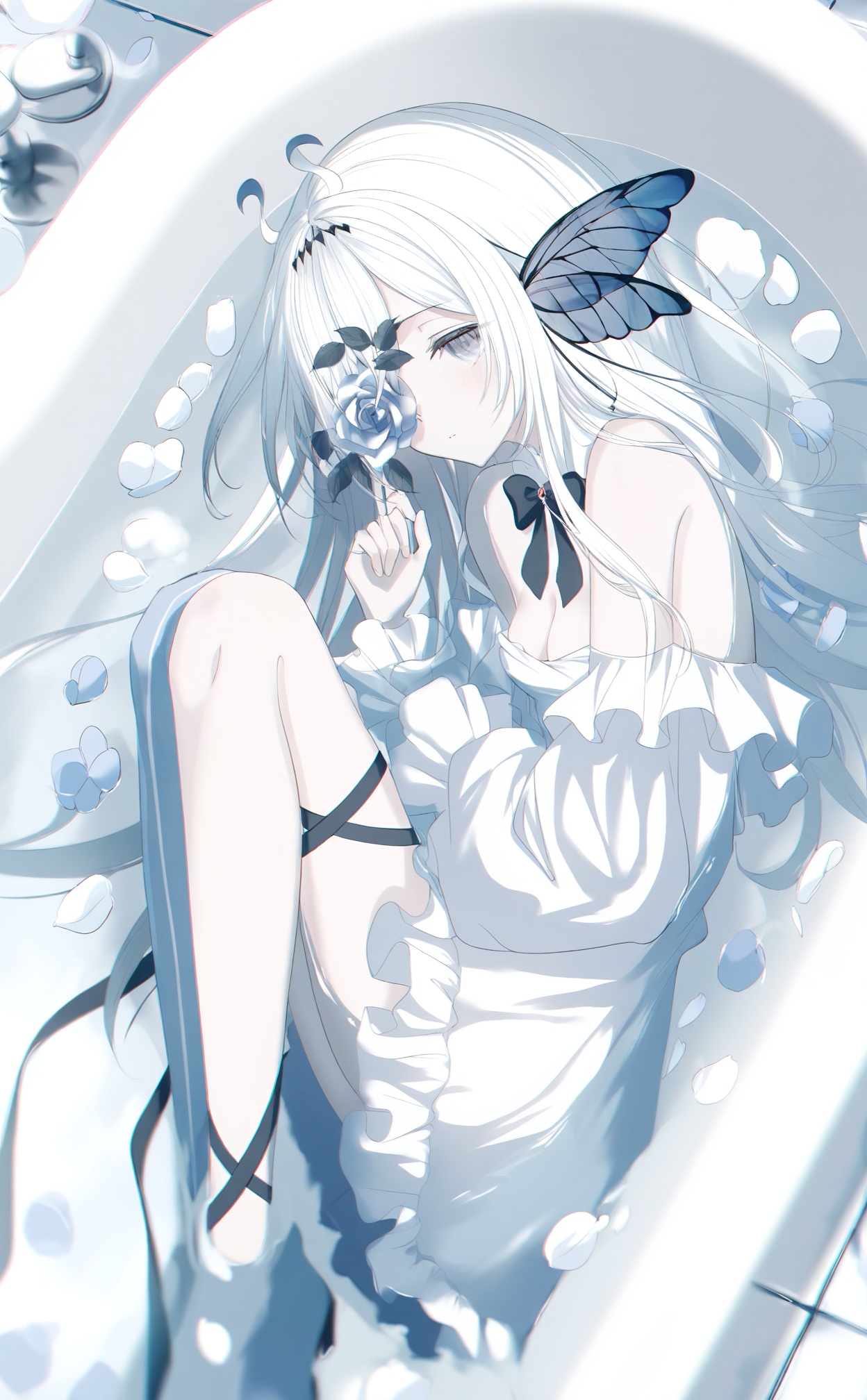 masterpiece,highres,absurdres,newest,best quality,loli,petite,high quality,chromatic_aberration,shiny_skin,//,1girl, bathtub, flower_over_eye, flower, dress, white_hair, white_dress, long_hair, solo, rose, blue_flower, grey_eyes, frilled_dress, bow, petals, wings, white_rose, white_flower, blue_rose, lying, frills, on_side, black_bow, ribbon, butterfly_hair_ornament, off-shoulder_dress, black_ribbon, hair_ornament, asymmetrical_legwear, virtual_youtuber, blue_butterfly, bath, bare_shoulders, expressionless, tiles, insect_wings, long_sleeves, partially_submerged, white_theme, thighhighs, bowtie, one_eye_covered, single_thighhigh//,medium breasts,bouncing breasts,cleavage,bare shoulders,//,<lora:aestivation——【noob】hans:1>,