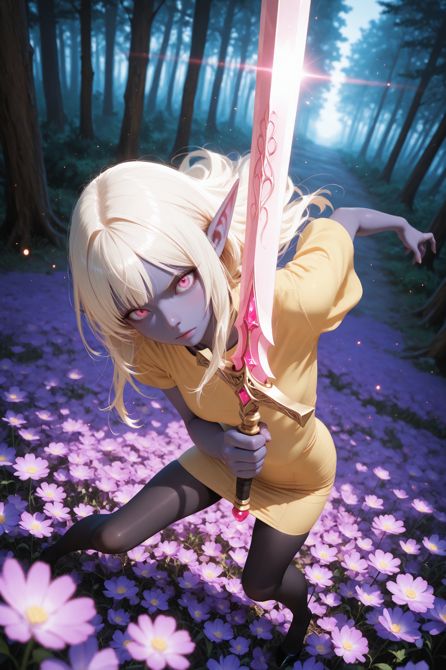 masterwork,masterpiece,best quality,depth of field,nsfw BREAK dramatic lighting BREAK dark elf,grey purple skin tone,hot pink eyes,petite,very long white blonde hair,forest meadow of flowers,holding sword,large rune sword BREAK dynamic motion,fighting stance,dutch angle,yellow shirt,black_pantyhose,pencil_dress,in the style of fashion photography,extreme aesthetic,light particles,cinematic lighting,Visual impact,sharp focus,Emotionalization,impactful picture,dynamic pose,from above,