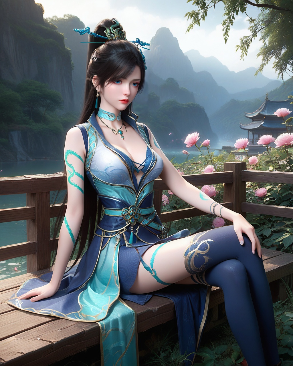 score_9,score_8_up,score_7_up,1girl,long hair,breast,medium breast,earrings,hair_ornament,dress,high quality,outdoors,sitting,gaden,flower,<lora:wy_qinglin_XL7.0:0.8>,black hair,blue eyes,arm_tattoo,socks_over_thighhighs,