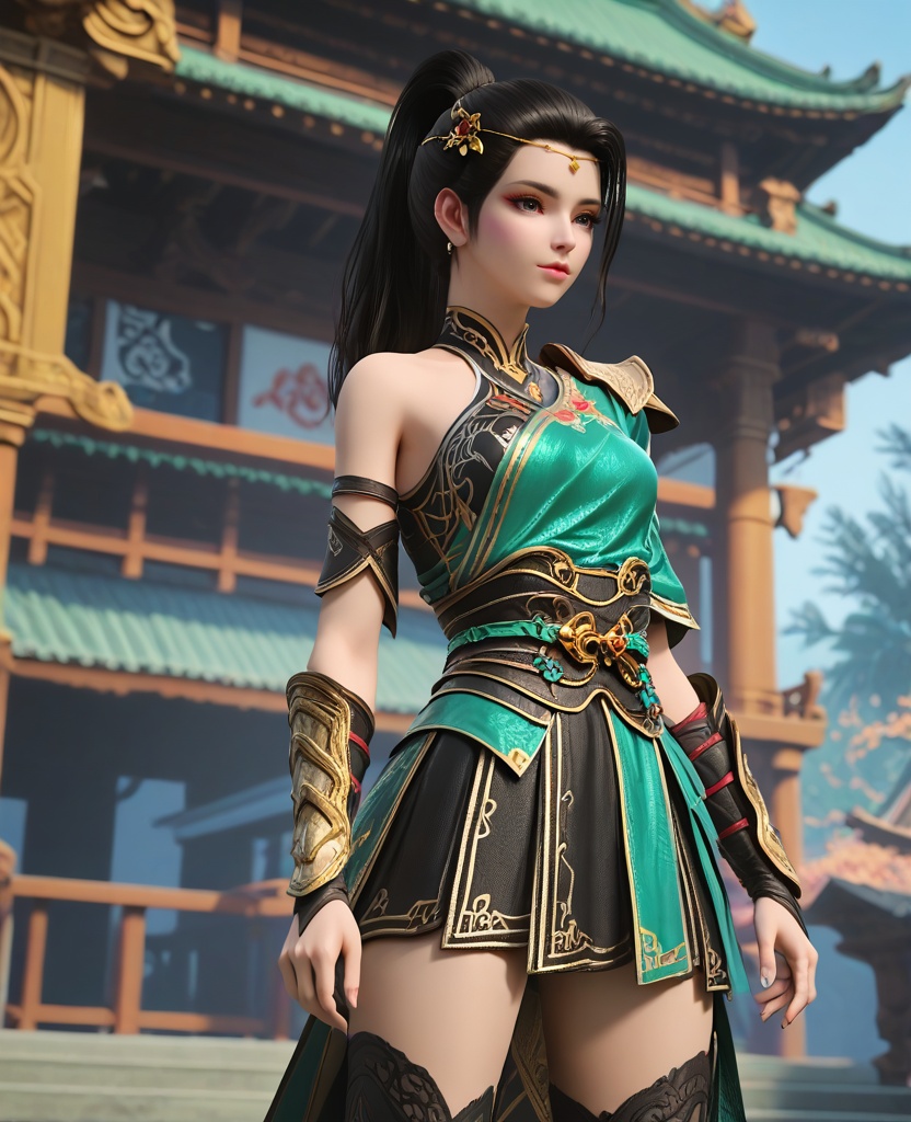 (oriental architecture, elegant decor, sophisticated style:1.1),v arms,(breasts:1.2),<lora:XL16大主宰唐芊儿:0.95>,miss tangqianer,green single-sleeve robe,black miniskirt,gray eyes,black hair,ponytail,hair ornament,pauldron,sash,bracer,single bare shoulder,asymmetrical fishnets,high-heeled knee boots,black underwear,, zPDXL2, score_9, score_8_up, score_7_up BREAK realistic, masterpiece,best quality, highly detailed,, zPDXL3, zPDXL2,zPDXL, zPDXLxxx, zPDXLrl,