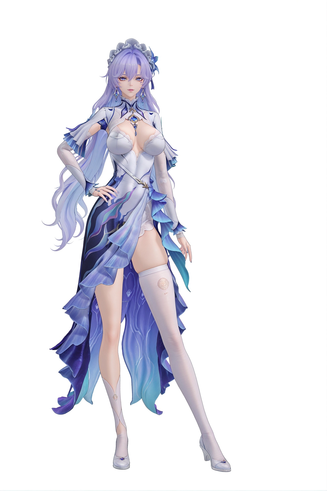 masterpiece,best quality,game cg,3d,((aritist:wlop:0.7),aritist:RyanReos,aritist:zoh,(artist:nianbingzi:0.4):0.5),full body,full shot,standing,looking at viewer,(solo:1.2),simple background,(white background:1.2),hand on own hip,(white background:1.1),<lora:Cantarella-ill-Tanger:0.8>,Cantarella \(wuthering waves\),clothes: Cantarella def white dress,teardrop facial mark,1girl,breasts,long hair,purple hair,single thighhigh,earrings,cleavage,jewelry,white footwear,bangs,