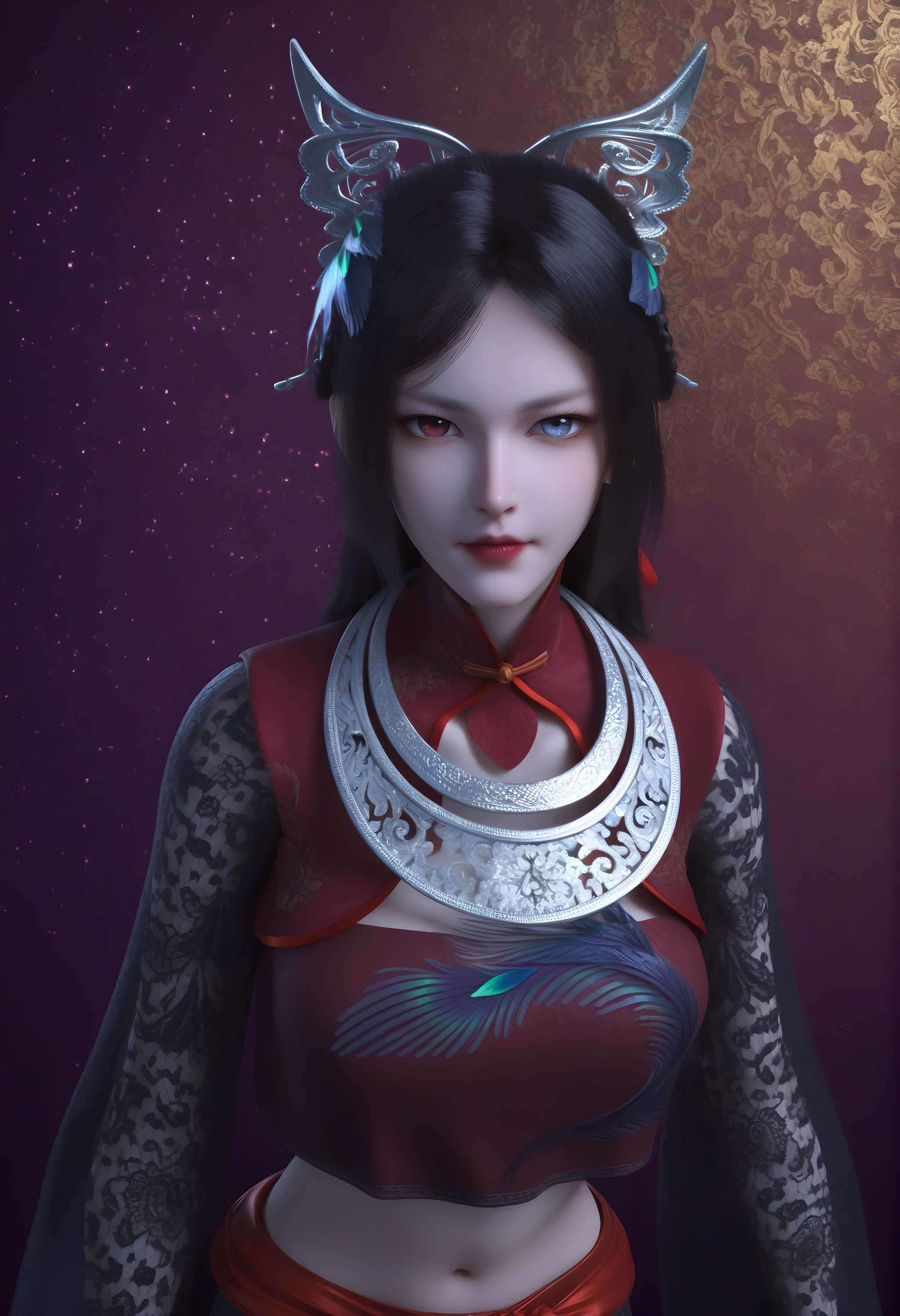 (score_9),cowboy shot,<lora:慕雨墨-apony-000009:0.83>,muyumo,1girl,solo,heterochromia,hair ornament,black hair,feather hair ornament,long hair,braid,high collar,silver collar,crop top,lace sleeves,red sash,skirt,mature_female,collarbone,cleavage,navel,groin,mound_of_venus,midriff,BREAK<lora:Expressive_H-000001:0.8>,light blush,Expressiveh,looking at viewer,front view,<lora:e肤色滑块:0.35>,fair_skin,(pale skin),(white_skin),ultra-detailed skin texture,detailed textures,BREAKa,simple background,<lora:e色温:0.25>,sparkle,(sparkle background),4K ultra HD,sharp focus,high detail,high contrast,