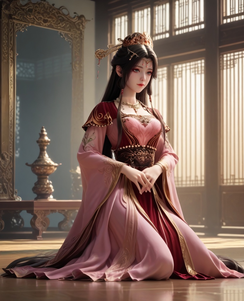 (oriental architecture, elegant decor, sophisticated style:1.1),(Sitting cross-legged on the floor:1.1),(breasts:1.2),<lora:XL16牧神记灵毓秀:0.95>,miss lingyuxiu,red short top worn over pink tiered dress,grey eyes,black hair,draped chignon with front tubes hair,very long hair,necklace,wide flowing sleeves,red petticoat,pelvic curtain,, score_9,score_8_up,score_7_up,score_6_up,score_5_up,score_4_up,3d rendering,tag1,tag2, Cinematic Lighting,backlighting,