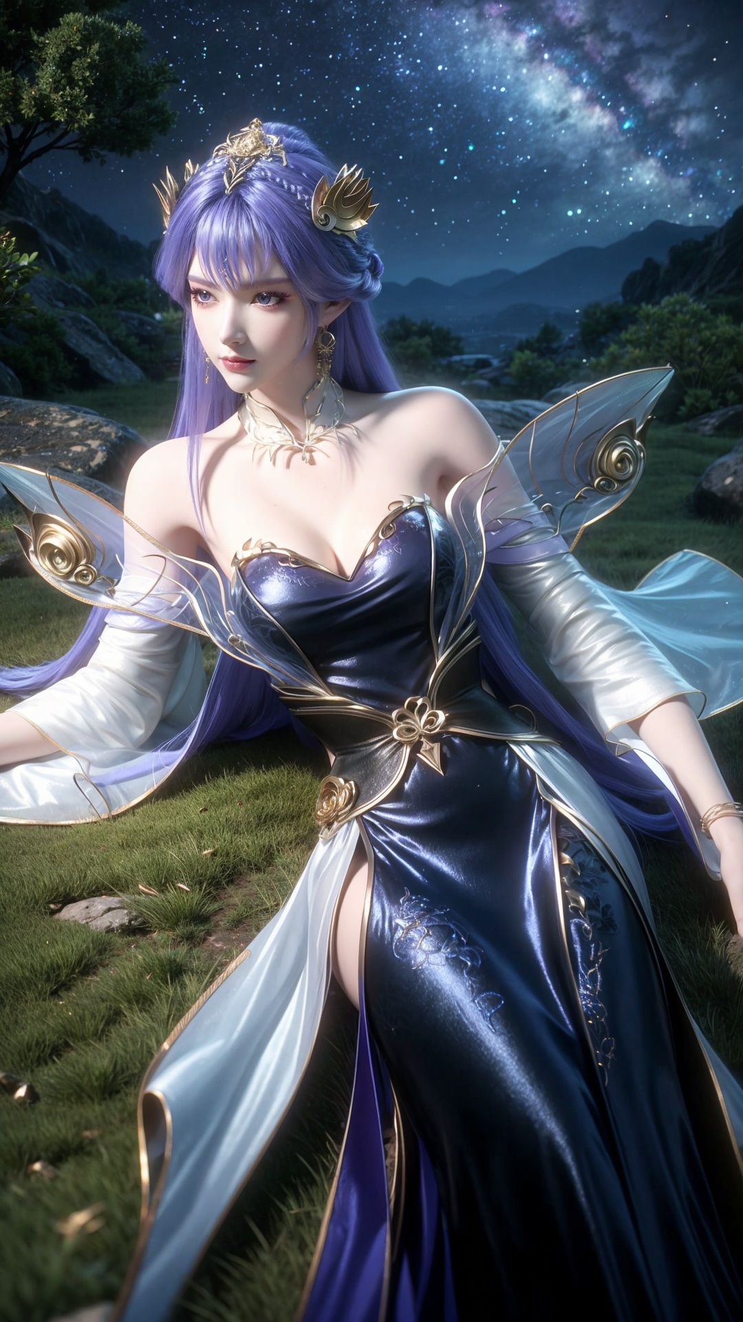 1girl,jewelry,dress,solo,earrings,long hair,hair ornament,bracelet,bare shoulders,chinese clothes,blue hair,blue eyes,necklace,detached sleeves,sky,tree,night,realistic,lips,cloud,cloudy sky,elbow gloves,closed mouth,braid,hair stick,purple eyes,detached collar,long sleeves,single hair bun,hair bun,veil,glowing jewelry,shiny,strapless,off shoulder,very long hair,star,((sky)),starry sky,outdoors,night sky,mountain,nature,milky way,sparkle,grass,mountainous horizon,depth of field,rock,<lora:add_detail细节增加:0.8>,<lora:MHB:0.3>,long_legs,looking_at_viewer,full_body,<lora:tianqiong-000008:0.75>,lying,on_back,from_above,