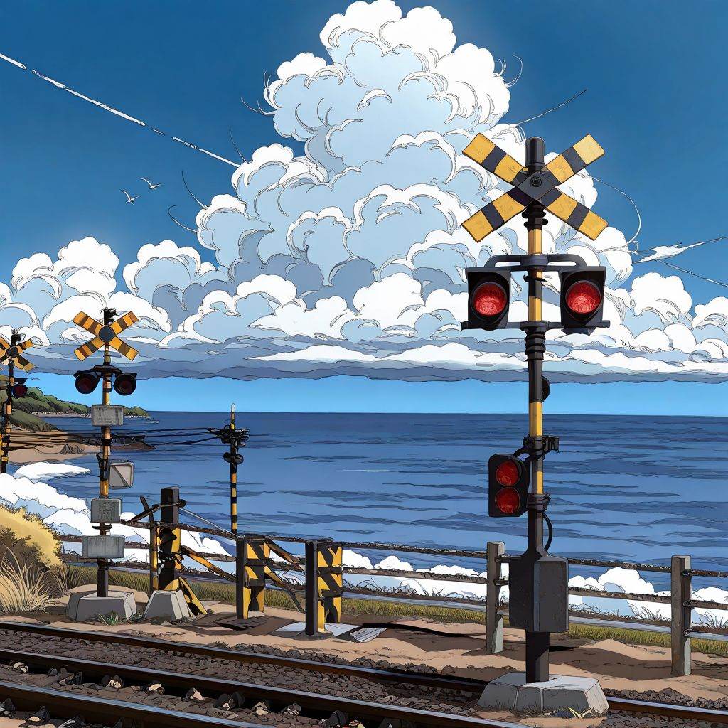 80s anime style illustration,  Japanese railroad crossing,  wearing a white embroidered blouse and dark navy pleated skirt...