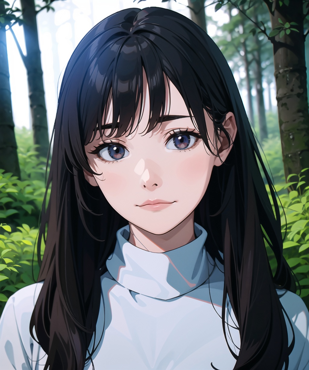 <lora:Arata-000010:0.85>,portrait,(looking at viewer),1girl,solo,wavy long hair,(closed mouth:1.5),white_sweater,nature,forest,glowing,