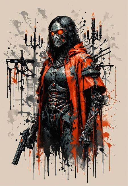 score_9, score_8_up, score_7_up, ink-painting, ink wash, ink wash painting, 1girl, female warrior, dark armor, gothic, plague doctor mask, red hooded cloak, multiple weaponssword, crossbow, claw-like extensions, skeletal handscandles, dark background, foggy, desolate environment, sinister design, intricate patterns