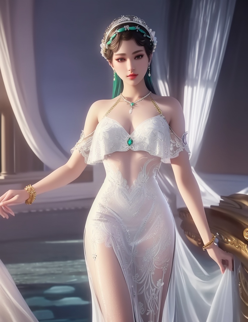 ultra realistic 8k cg, picture-perfect face, flawless, clean, masterpiece, professional artwork, famous artwork, cinematic lighting, cinematic bloom, perfect face, beautiful face, fantasy, dreamlike, unreal, science fiction,  beautiful clothes, lace, lace trim, lace-trimmed legwear,  (rich:1.4), prestige, luxury, jewelry, diamond, gold, pearl, gem, sapphire, ruby, emerald, intricate detail, delicate pattern, charming, alluring, seductive, erotic, enchanting, hair ornament, necklace, earrings, bracelet, armlet,halo((,1girl, pov,))(((,  1girl,  solo,looking at viewer, ))),(((1girl, solo, dress, white_dress, jewelry)))<lora:DA_WhiteSnakeGreenSnake:0.8>