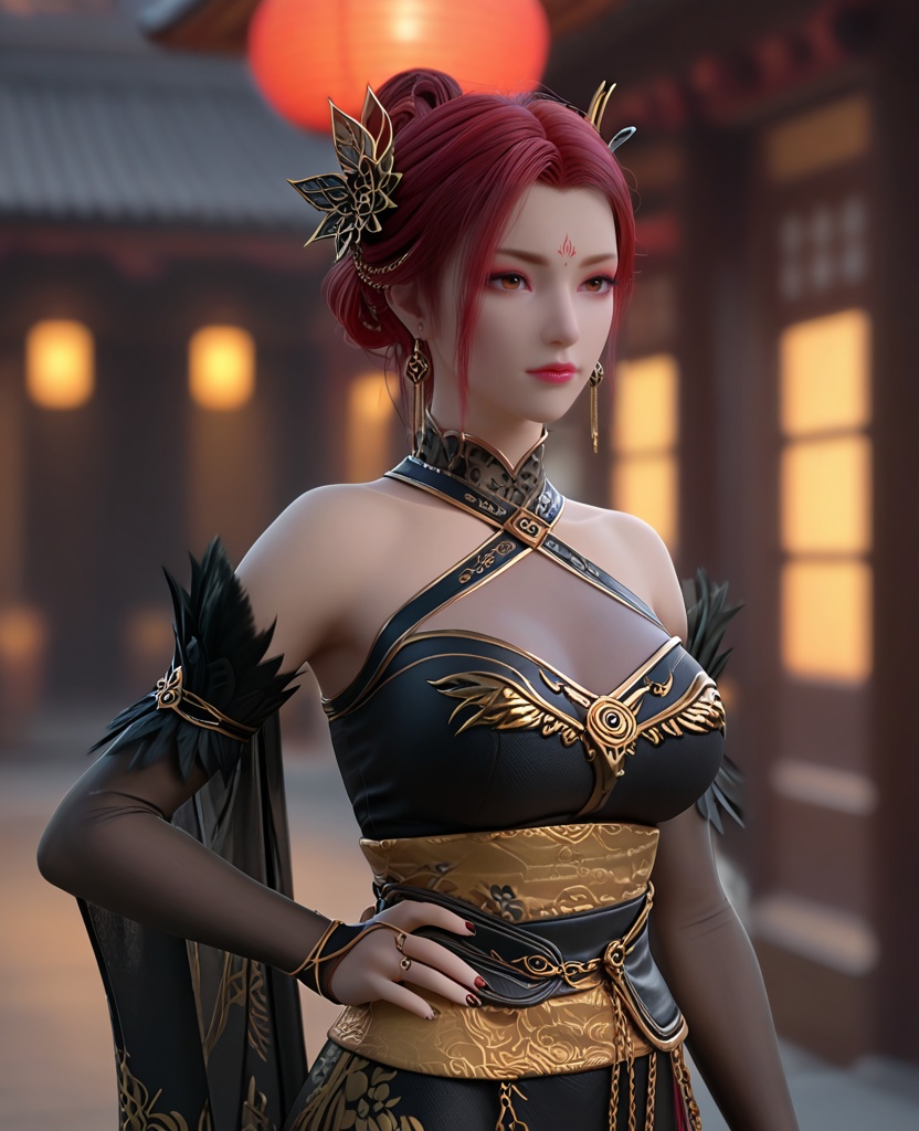 (oriental architecture, elegant decor, sophisticated style:1.1),(Standing with one hand on the hip, looking confident:1.1),(breasts:1.2),<lora:XL斗破苍穹雅妃:0.8>,miss yafei,black halter dress,bare shoulders,red eyes,red lips,red eyeshadow,feathers trim,forehead mark,red hair,single hair bun,hair ornament,earrings,mesh of cleavage,sash,large breasts,makeup,black bridal gauntlets,floral print,black pantyhose,, score_9,score_8_up,score_7_up,score_6_up,score_5_up,score_4_up,3d rendering,tag1,tag2, Cinematic Lighting,backlighting,