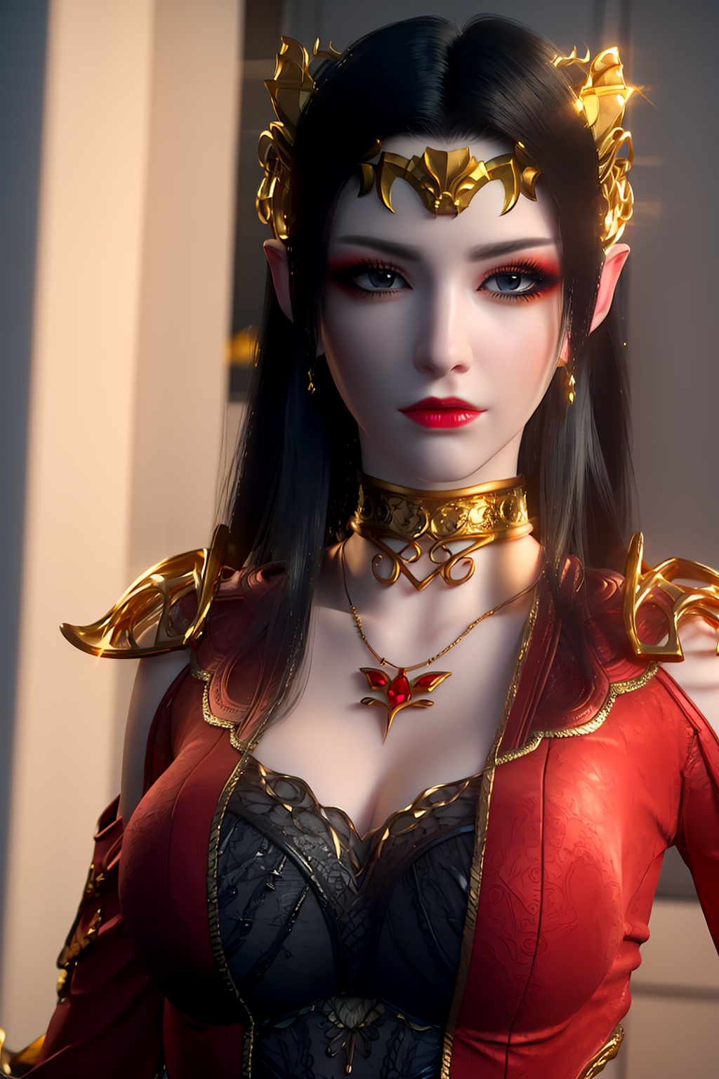 3D,masterpiece,(best quality),(makeup),official art, extremely detailed cg 8k wallpaper,((crystalstexture skin)), (extremely delicate and beautiful),(highly detailed),(face),headpiece,(collar),(tiara),(gold_trim),(shoulder_armor),(1girl), (solo), (jewelry), (earrings),(black_hair),(long_hair),(hair_ornament),(handwear),(breasts),(portrait),(dress),(shiny_clothes),(city,indoor),,((looking_at_viewer)),((Facing the camera)),, <lora:hipoly3DModelLora_v10:0.3>