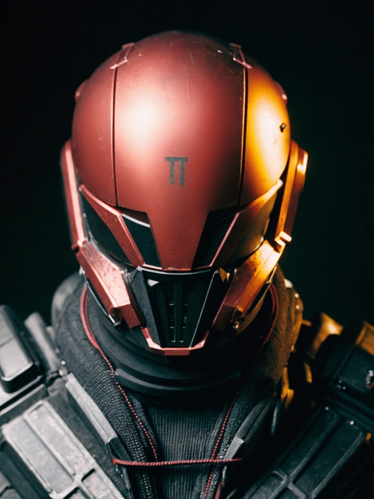 film grain analog photography,close -, futuristic armored helmet, weathered texture, metallic red black palette, science fiction theme, intricate design, dimly lit, soft shadowing, focus headgear, advanced technology concept, protective suit,