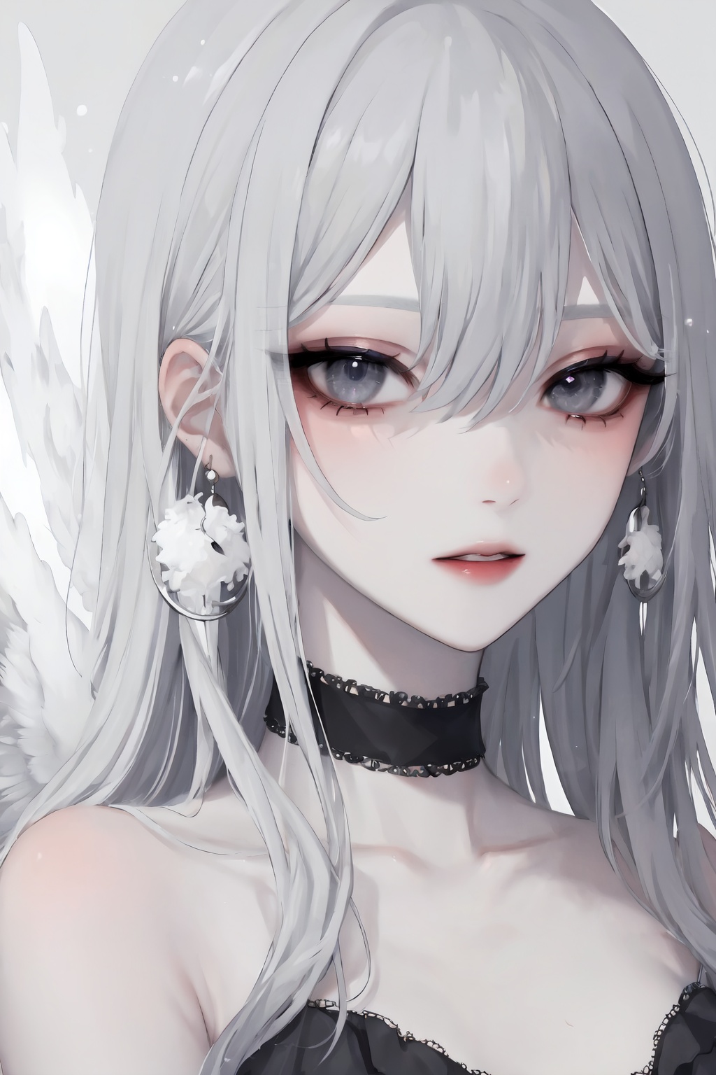 1girl,solo,earrings,jewelry,white hair,looking at viewer,parted lips,long hair,grey eyes,bangs,hair between eyes,portrait,bare shoulders,eyelashes,choker,white theme,light particles,feathered wings,ct-style,beautiful eyes,