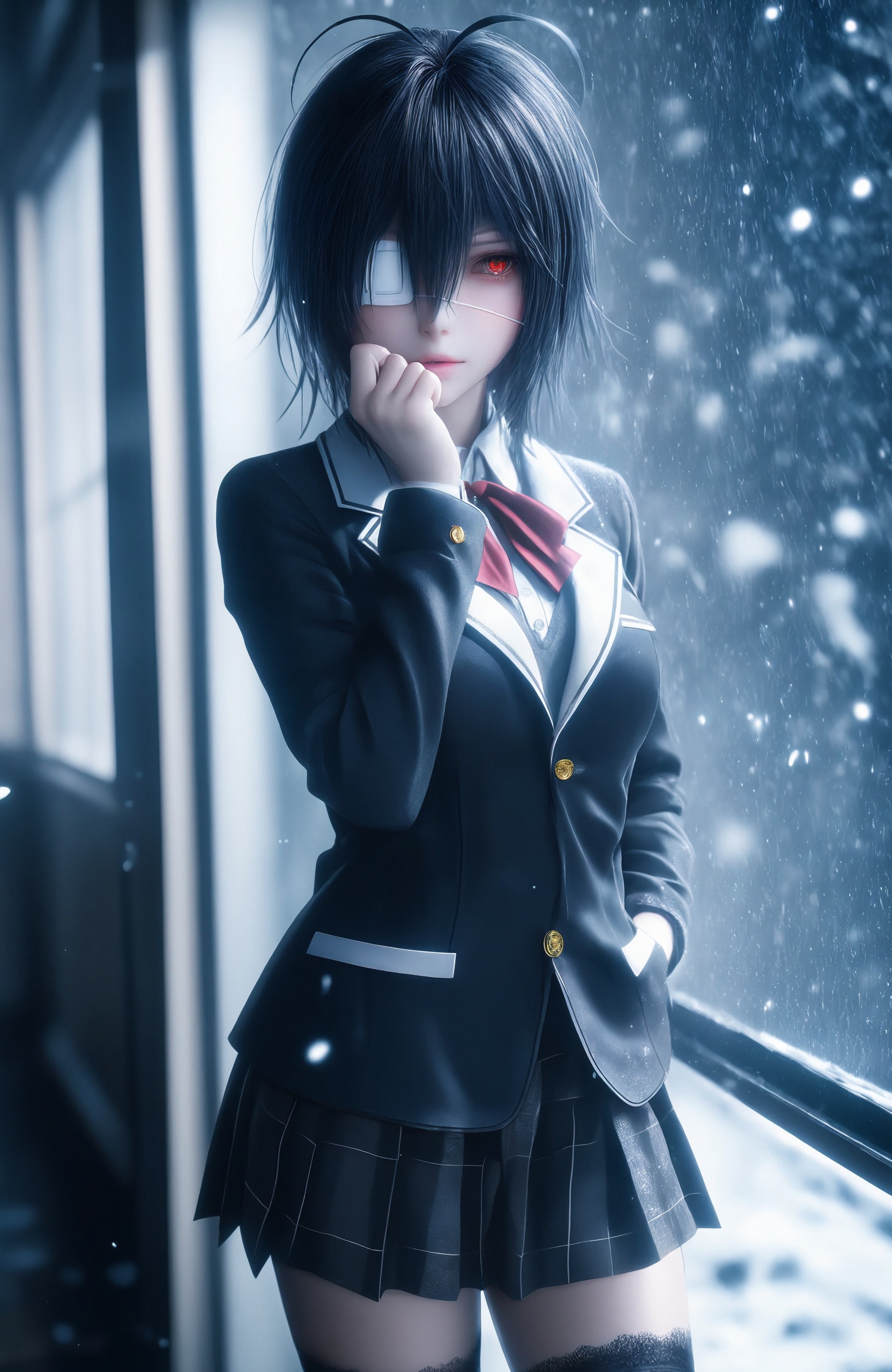 This is a digital CGI artwork of a young woman with a realistic anime style. She has medium-length black hair with a single strand sticking up, and she wears an eye patch over her right eye, which adds a mysterious and slightly melancholic aura. Her skin is pale, and her facial expression is neutral, with slightly parted lips and soft, pinkish cheeks.She is dressed in a dark gray school uniform blazer with white trim and gold buttons, paired with a short, pleated red and black plaid skirt. The blazer is fitted, accentuating her slender yet slightly curvy figure, with a noticeable bust size. She also wears black thigh-high stockings, which add a touch of sensuality to her schoolgirl outfit.The background is an indoor setting with large, grid-patterned windows that allow soft, diffused light to enter, casting a gentle glow on the subject. Snow or small particles are visible in the air, giving the scene a cold, wintry feel. The lighting is soft and atmospheric, highlighting the subject's hair and clothing textures, which appear realistic and slightly glossy.The overall composition focuses on the contrast between the dark, cold environment and the warm, soft light on the character, creating a sense of depth and atmosphere. The attention to detail in the textures, lighting, and character design is high, indicating a skilled digital artist.