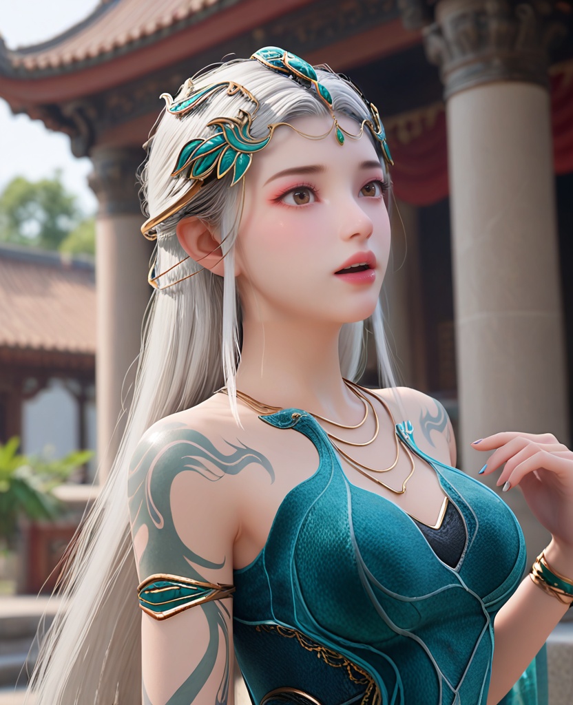 (oriental architecture, elegant decor, sophisticated style:1.1),(singing:1.1),(breasts:1.2),<lora:XL遮天秦瑶:0.8>,miss qinyao,green strapless dress,armlet,arm tattoo,necklace,feather overskirt,bracelet,hair ornament,long hair,white hair,brown eyes,pink eyeshadow,moles under the eyes,medium breasts,cleavage,lips,, score_9,score_8_up,score_7_up,score_6_up,score_5_up,score_4_up,3d rendering,tag1,tag2, Cinematic Lighting,backlighting,