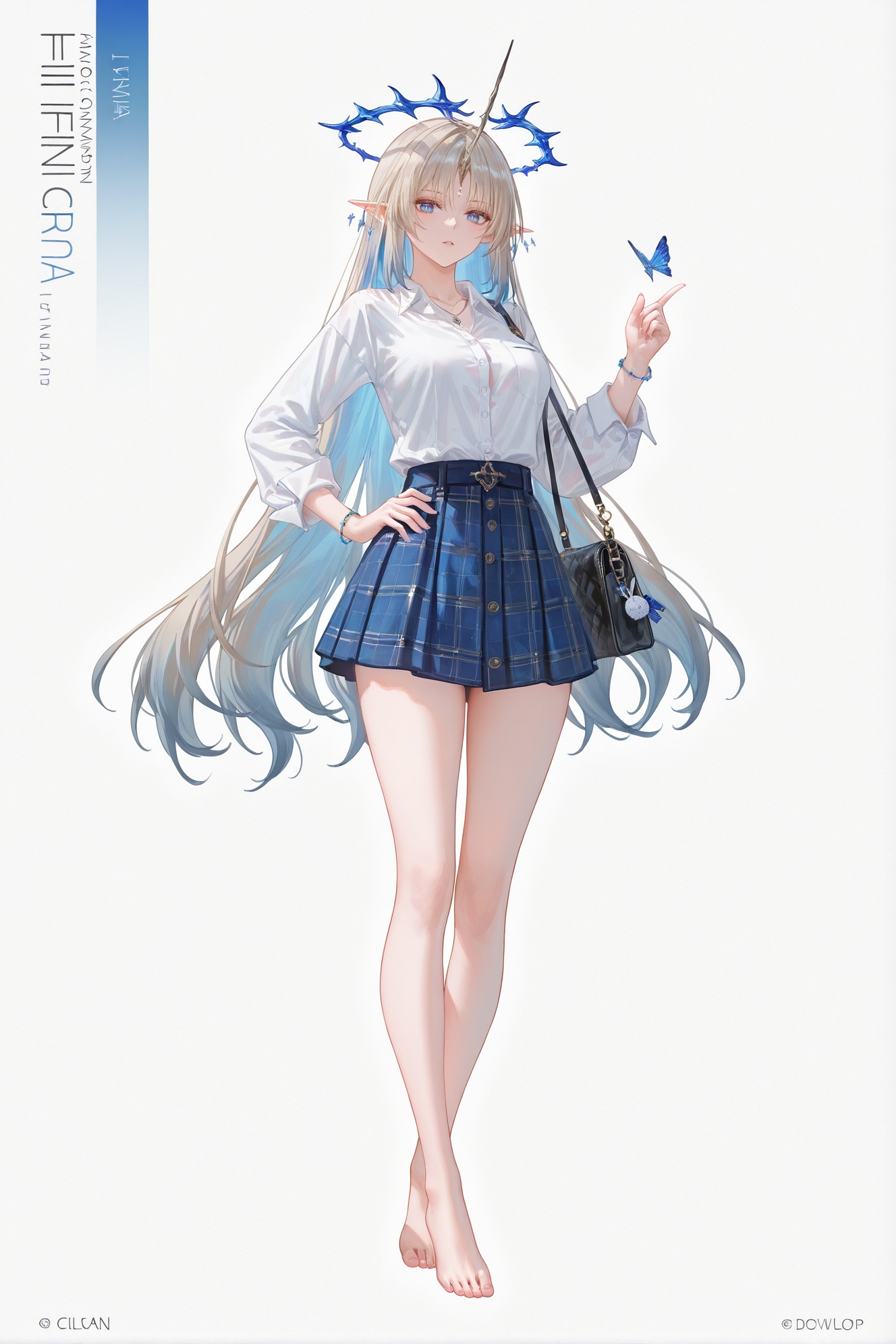 8k,best quality,masterpiece,(ultra-detailed),(high detailed skin),((artist:reoen),(artist:fuzichoco),(artist:atdan),(artist:torino_aqua),year 2024:0.8)1girl,[artist:wlop],[artist:ningen_mame],artist:ciloranko,[[artist:rhasta]],artist:tidsean,colorful,full body,full shot,standing,(solo:1.2),simple background,(white background:1.2),hand on own hip,(white background:1.1),alternate costume,solo,1bag,looking at viewer,plaid,charm (object),bag charm,bangs,contemporary,sidelocks,jewelry,character name,<lora:Cartethyia&Fleurdelys-ill-Tanger:0.8>,Fleurdelys \(wuthering waves\),large blue levitating spiked circlet,forehead mark with forehead horn,1girl,long hair,pointy ears,barefoot,jewelry,mature female,