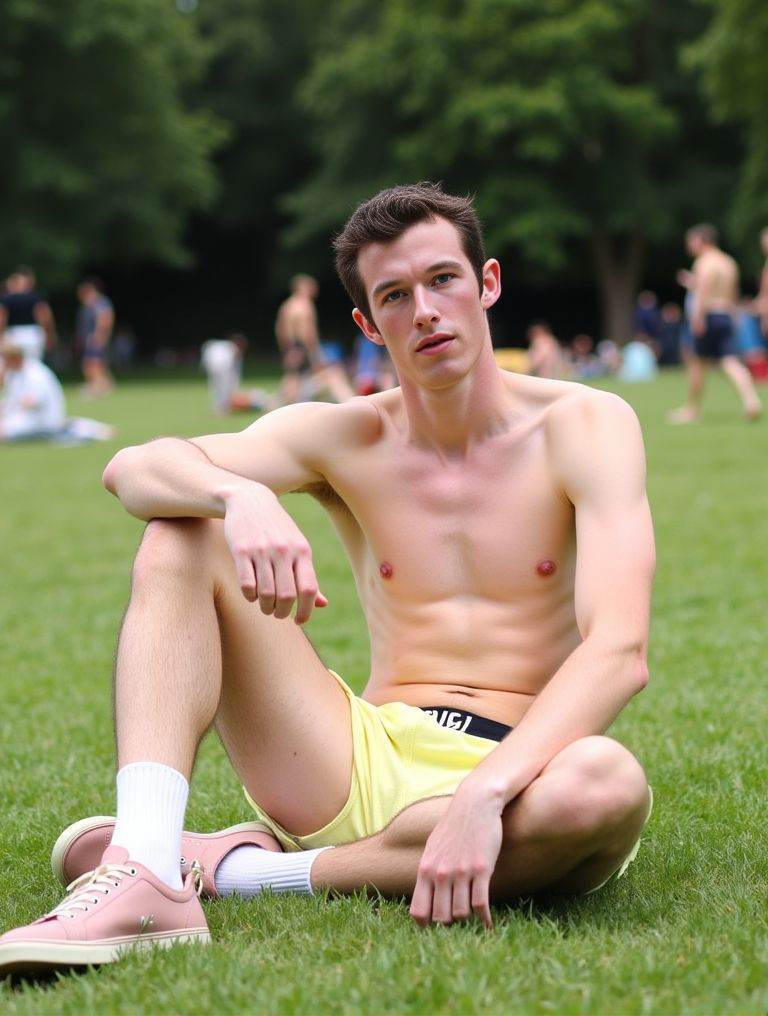 Callum Turner ,  Instagram Thirst trap photo. sitting on the grass in a public park in London. he's only wearing a pair of...