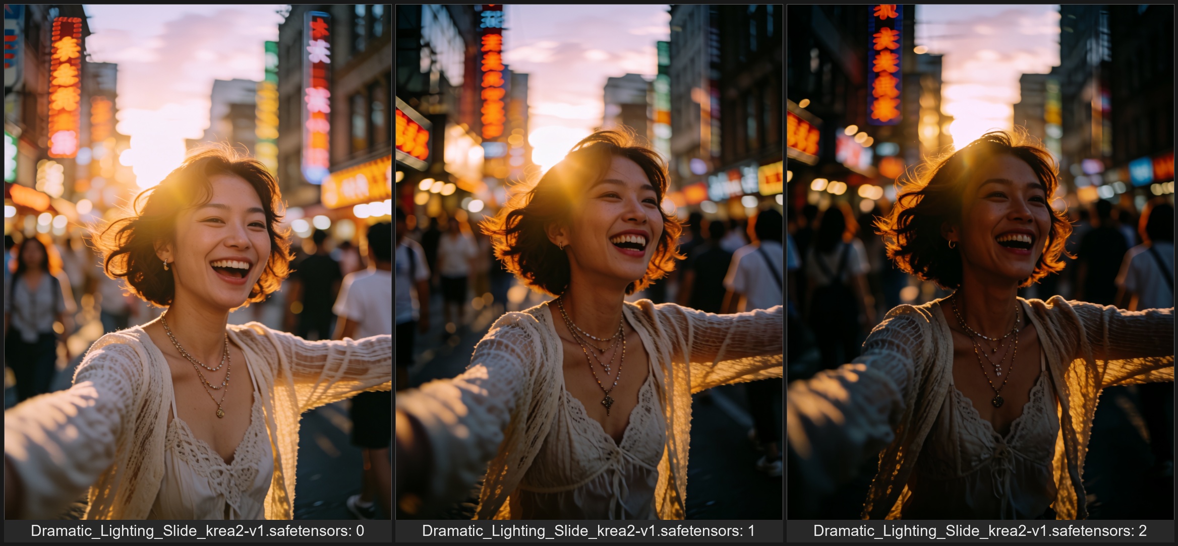 dynamic street photography selfie-style shot,  young Asian woman early 20s,  warm olive skin glowing in golden hour sunlig...