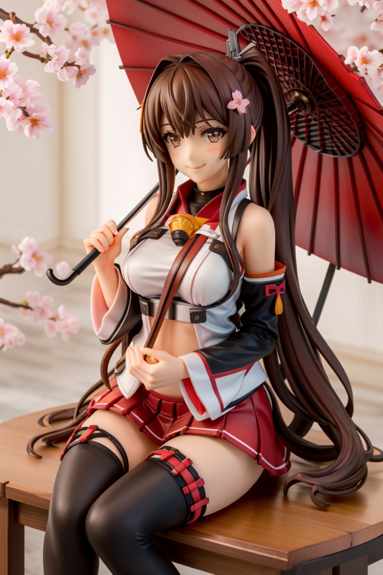 ((HRD, HUD, 8K)),((masterpiece, best quality)), highly detailed,1girl, yamato (kancolle), long hair, solo, umbrella, ponytail, skirt, brown hair, very long hair, hair ornament, thighhighs, breasts, oil-paper umbrella, flower, single thighhigh, hair flower, detached sleeves, sitting, brown eyes, large breasts, headgear, cherry blossoms, red umbrella, smile, looking at viewer, miniskirt, pleated skirt,