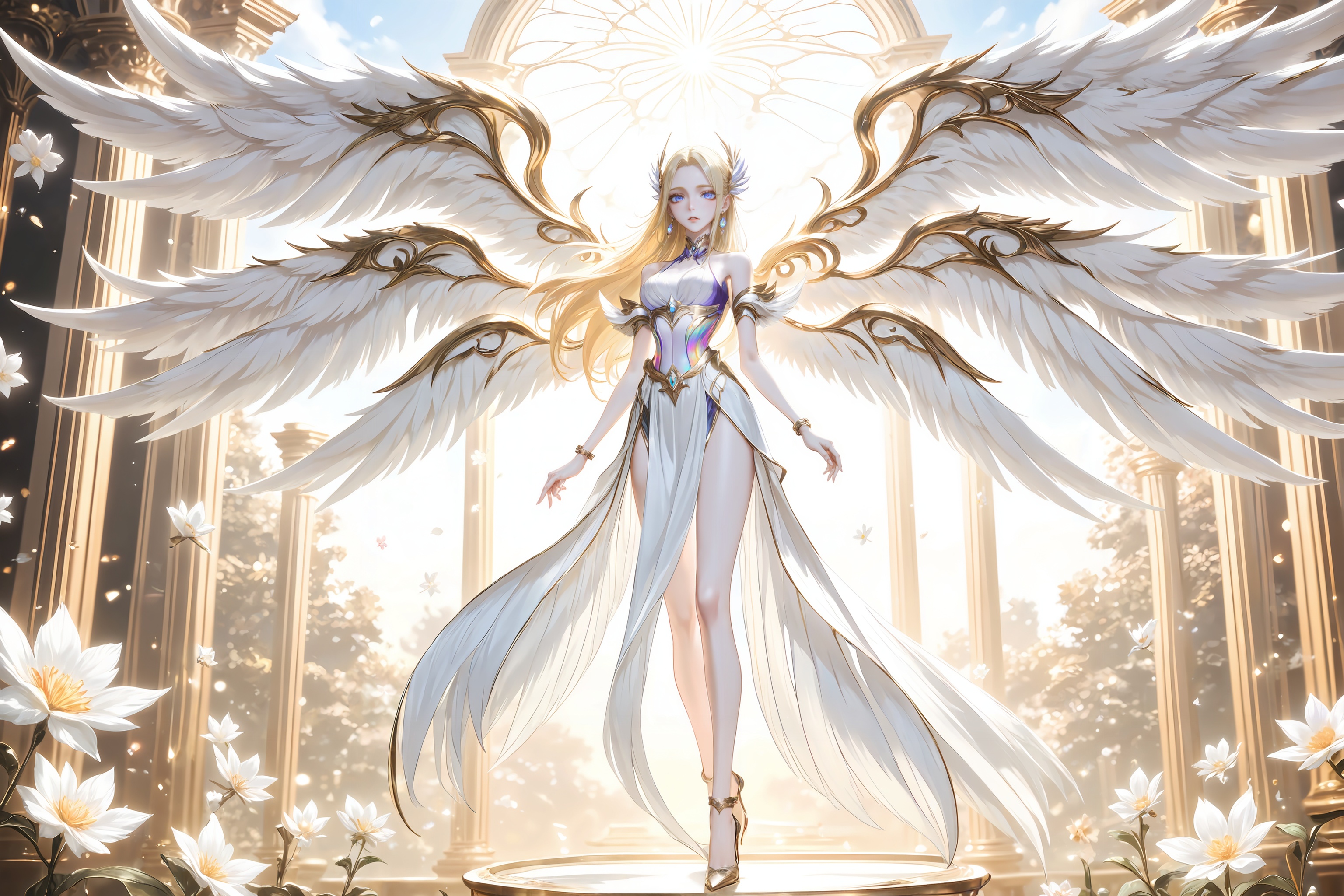 <lora:神装千仞雪-0.0894:0.8>,qianrenxue,1girl,wings,blonde hair,long hair,solo,breasts,dress,high heels,flower,angel wings,white dress,full body,blue eyes,pillar,looking at viewer,bare shoulders,jewelry,multiple wings,white wings,hair ornament,feathered wings,earrings,parted lips,10,close-up details,outstanding style,adding a touch of dimension to your images without compromising details,whirls of vapor,iridescent textures,(Anime:1.1),ethereal ambiance,delicate details,magical high-concept,32K UHD,sharp focus,best-quality,masterpiece,golden hour,unconventional supreme masterpiece,masterful details,temperate atmosphere,with a high-end texture,in the style of fashion photography,photography,cover,dynamic angle,dynamic posture,(artist:quasarcake:0.8),extreme aesthetic,(wlop:0.6),(honjou raita, lack, rella:0.5, wanke),masterpiece,best quality,good quality,very aesthetic,absurdres,visual impact,a shot with tension,ultra-high resolution,32K UHD,sharp focus,best-quality,masterpiece,emotionalization,unconventional supreme masterpiece,masterful details,temperate atmosphere,with a high-end texture,in the style of fashion photography,(visual impact:1.2),giving the poster a dynamic and visually striking appearance,impactful picture,official art,colorful,splash of color,movie perspective,masterpiece,best quality,amazing quality,very aesthetic,absurdres,best quality,newest,