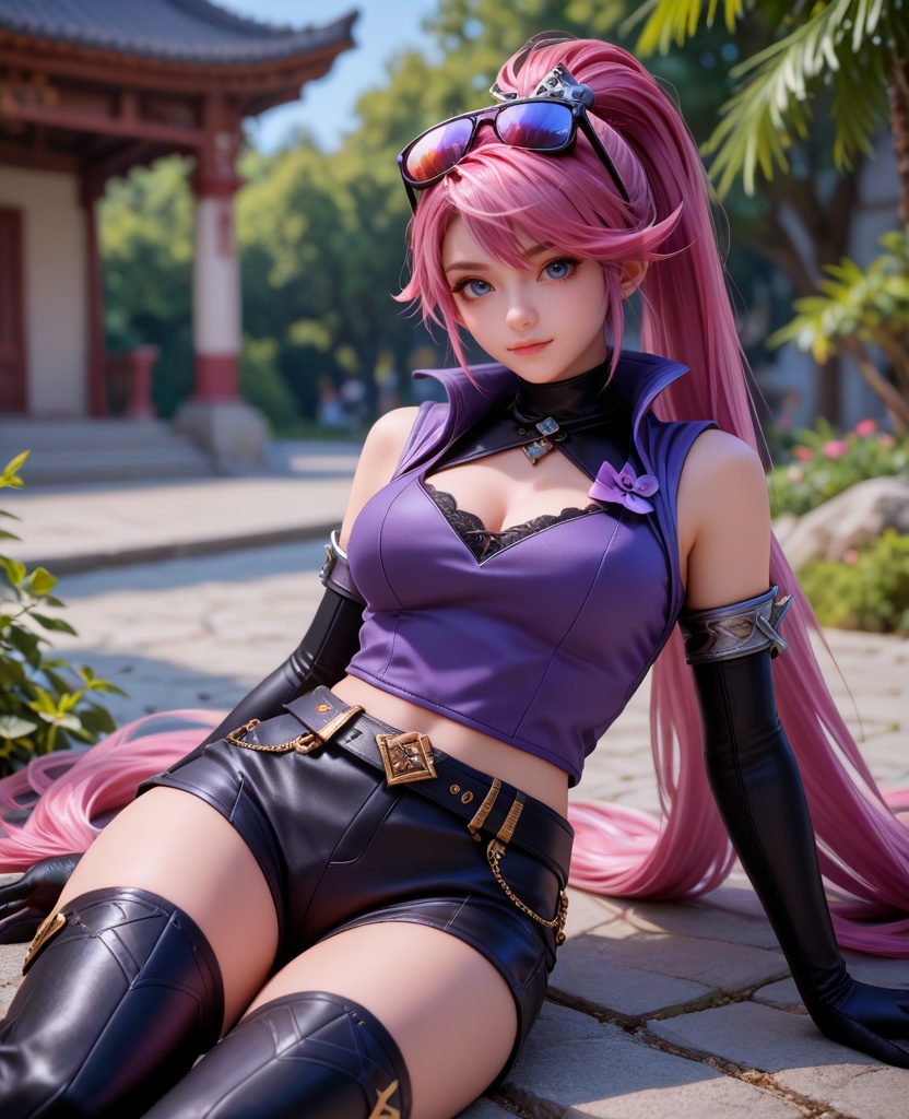 (oriental architecture, elegant decor, sophisticated style:1.1),(lying:1.1),(large breasts:1.2),<lora:XL16王者荣耀孙尚香杀手不太冷:0.95>,miss sunshangxiang,violet vest,black shorts,blue eyes,ponytail,violet dip-dye for pink hair,absurdly long hair,eyewear on head,black elbow gloves,black thigh boots,belt,medium breasts,, score_9,score_8_up,score_7_up,score_6_up,score_5_up,score_4_up,3d rendering,tag1,tag2, Cinematic Lighting,backlighting,, zPDXL3, zPDXL2,zPDXL, zPDXLxxx, zPDXLrl,