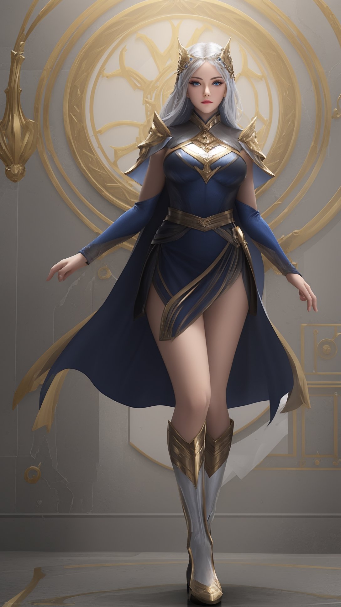 (1girl),smooth chin,masterpiece,detailed face,((hair ornament)),top quality,4k,make up,best quality,large breasts,(looking at viewer),long legs,arms behind back,mature female,full body,silver hair,detached sleeves,black and blue mixed jacket,armor,white skirt,(black cape),blue eyes,short pencil skirt,cloak,white legwear,<lora:1王者露娜启示之音_v1.0:0.8>,