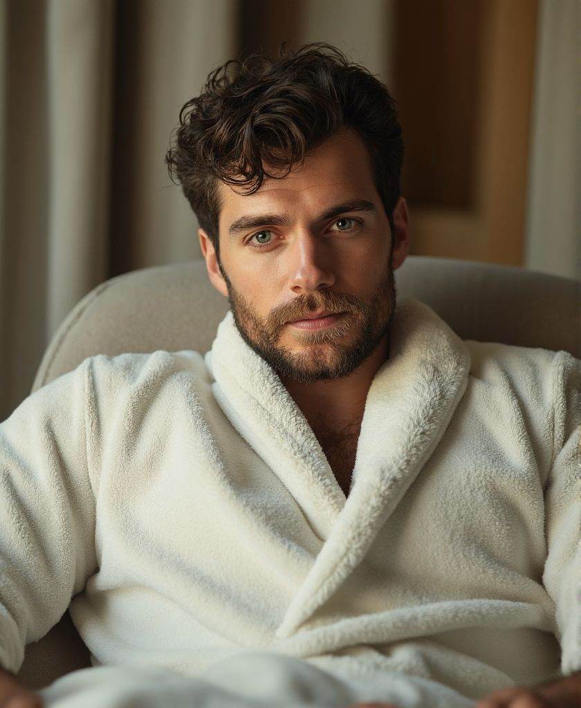 sks man ,  high-resolutiuon photograph,  wearing fitted fluffy white bathrobe. He is sitting on a chair in the spa area of...