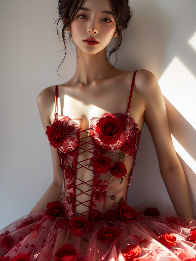 A photograph capturing a long shot of a Chinese girl in a realistic full-body pose,wearing a red rose-patterned bustier dress,lit by sunlight,on a white background,<lora:Rose Girl:0.8>,full_shot,plump,<lora:FashionGirl:0.3>,, (((masterpiece))), (((best quality))), ((ultra-detailed)), Hyper Real,Photorealistic,16K,high detail,high,resolutionBest quality, masterpiece, ultra high res, (photorealistic:1.4), raw photo,