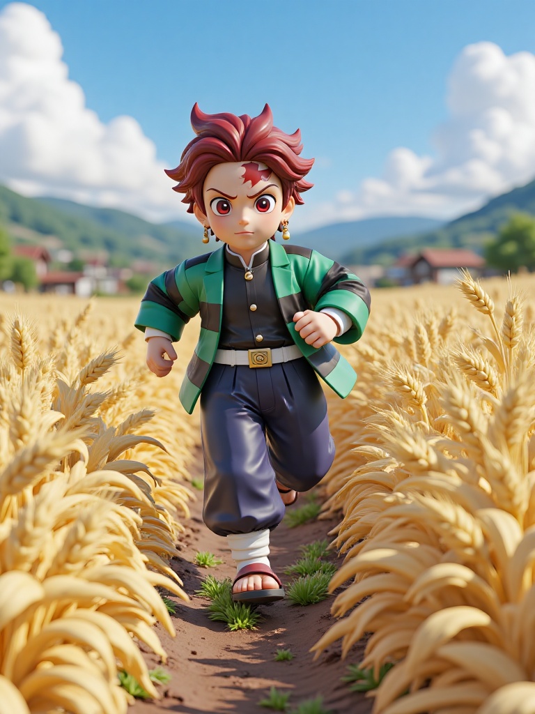3D Tanjiro wearing a bright green and black checkered haori (seaweed green and black checkerboard pattern),with a black school uniform underneath,a white and gold sash (happi) tightly tied around the waist,wearing deep blue loose hakama pants,traditional Japanese split-toe tabi socks,and woven straw sandals.,3D Tanjiro is runs through the fields, with his hair fluttering in the wind, and has a determined expression on his face.The scene is a vast field. Golden wheat ears sway in the wind, and there are several farmhouses in the distance. The sky is blue, with a few white clouds floating.The picture is lit by natural light, with a bright tone. The color of the picture tends to be golden - toned, presenting an open and promising atmosphere.